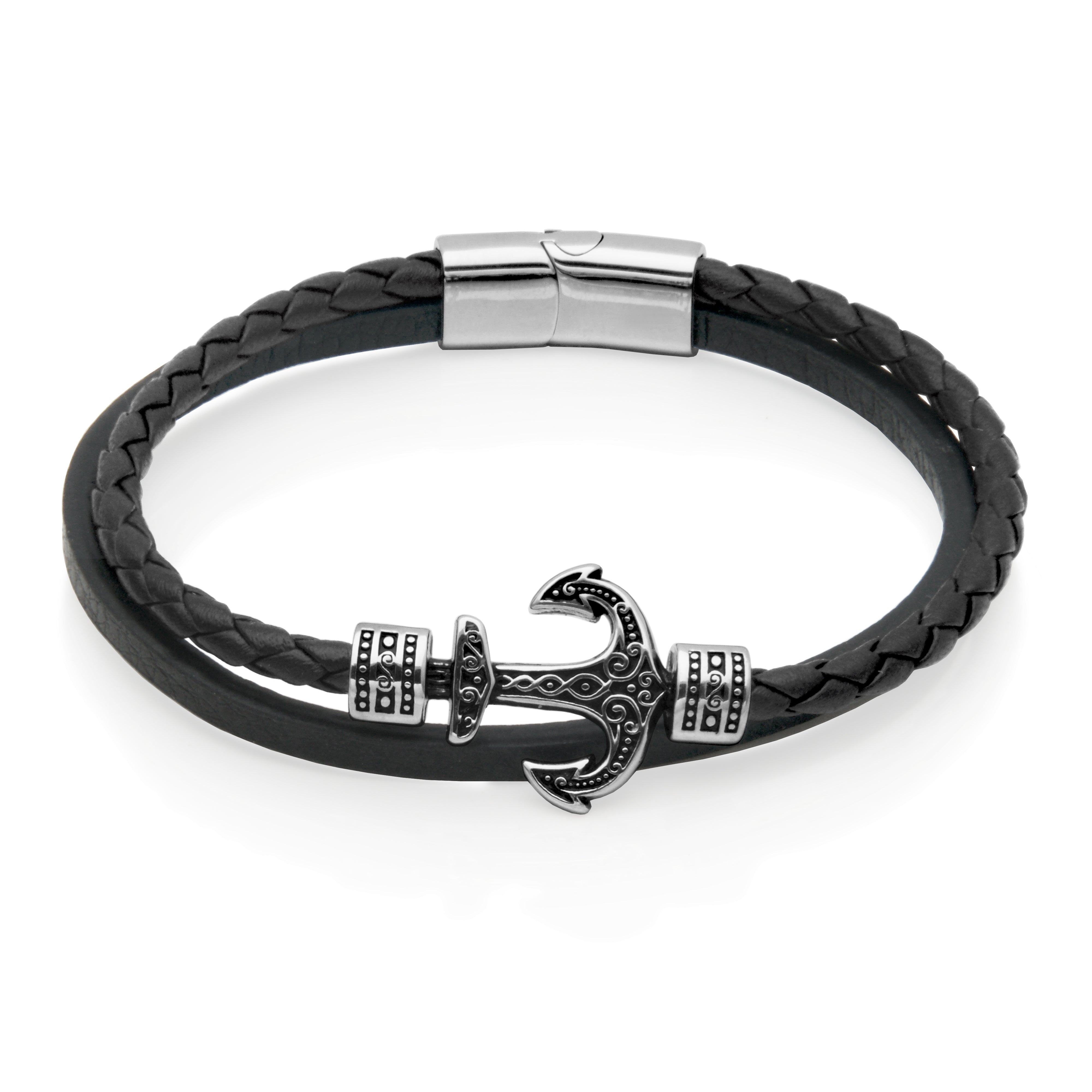 CJ Steelx Black Leather Double Row Anchor Bracelet - Black