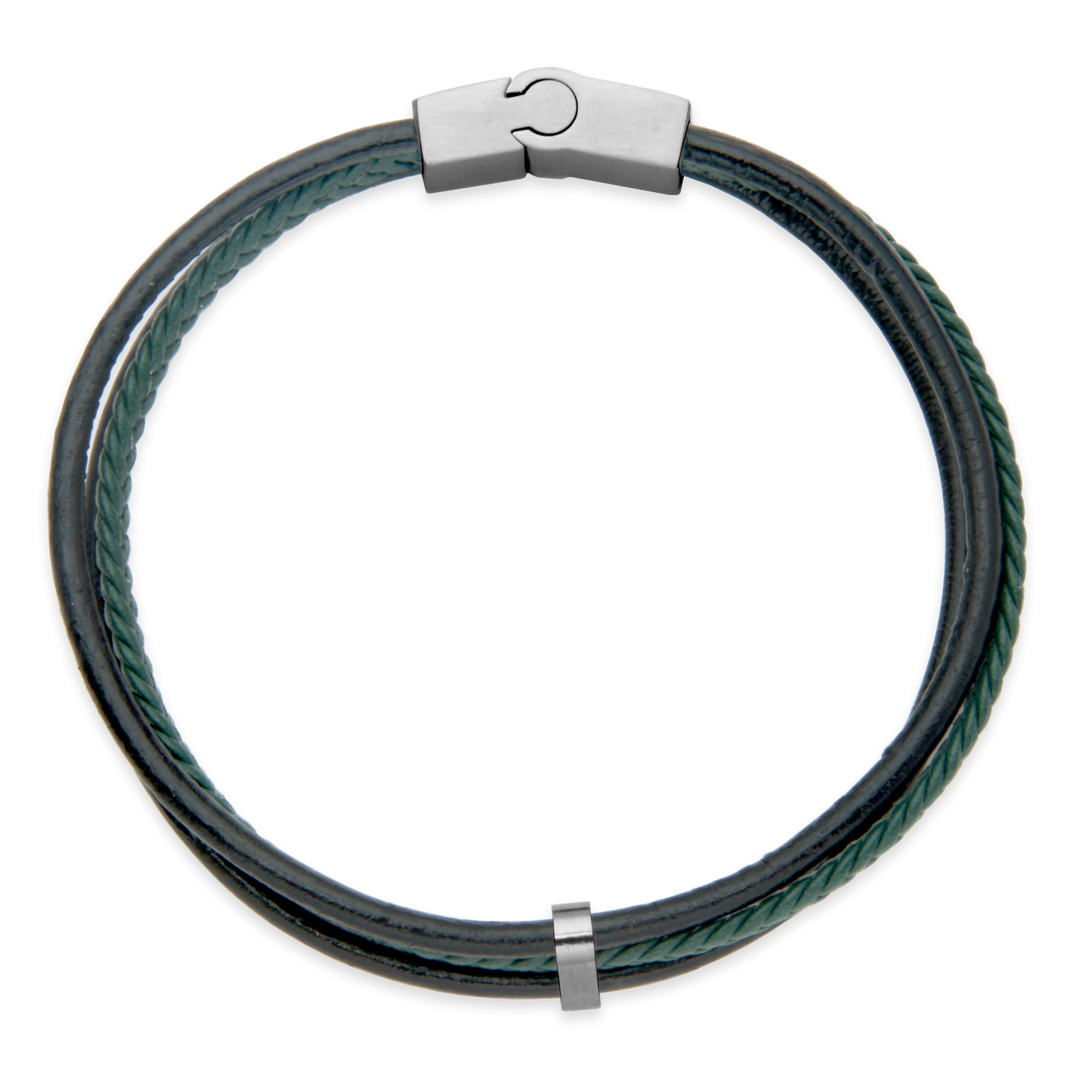 CJ Steelx Triple Row and Braided Leather Bracelet - Black and Green