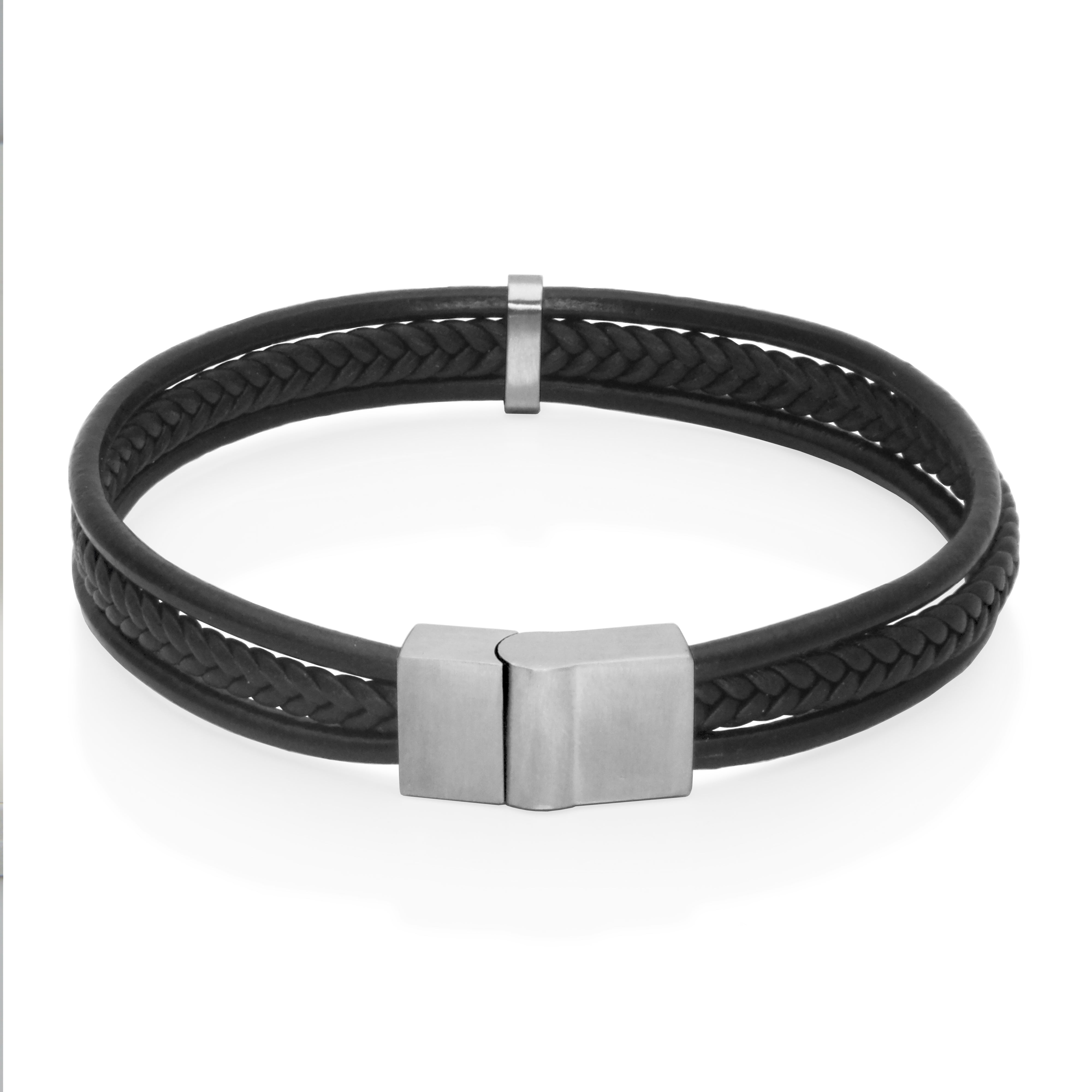 CJ Steelx Triple Row and Braided Leather Bracelet - Black