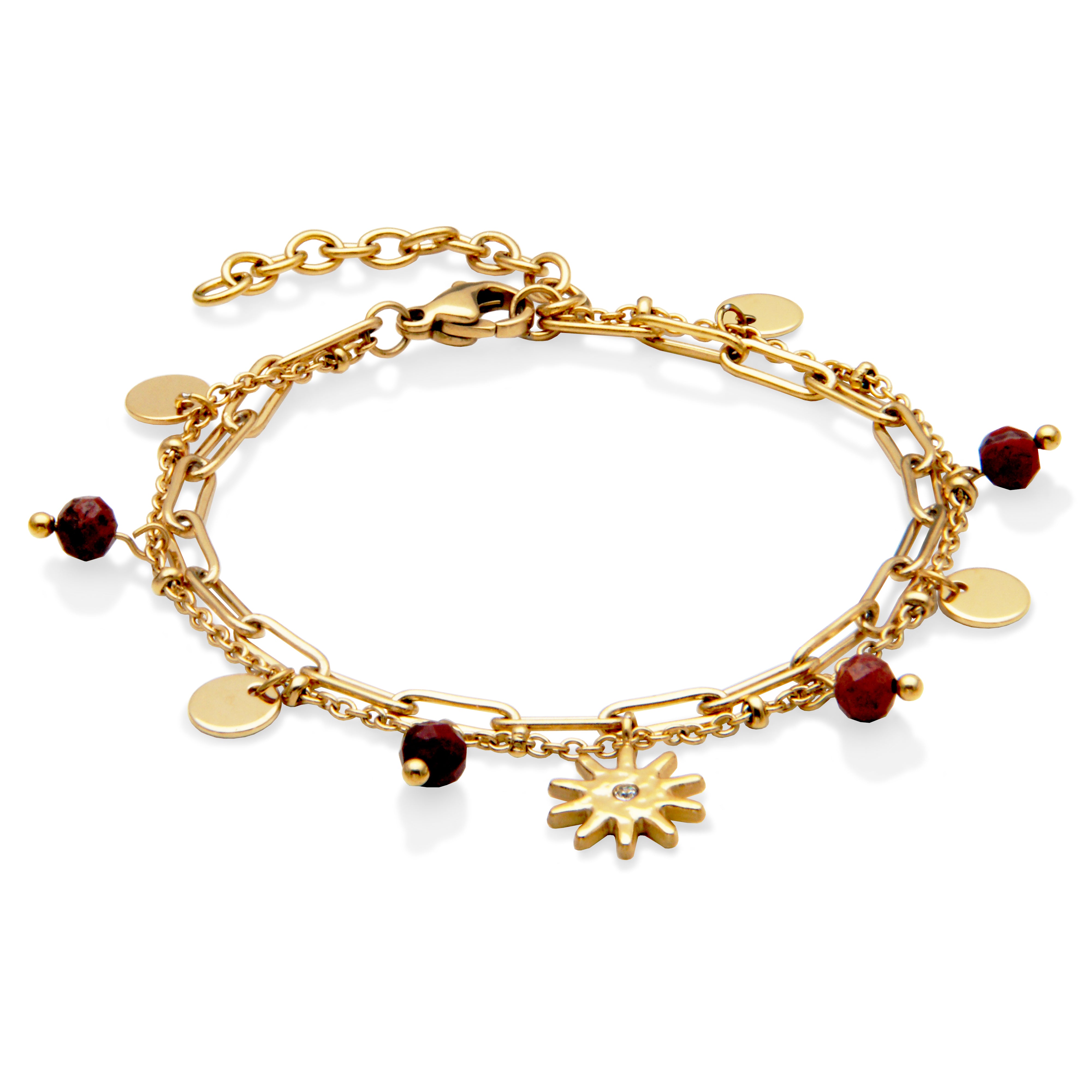 Steelx Ip Gd 2-chain Brac Sun&amp;jasper Bead Charm6.5+1.5"