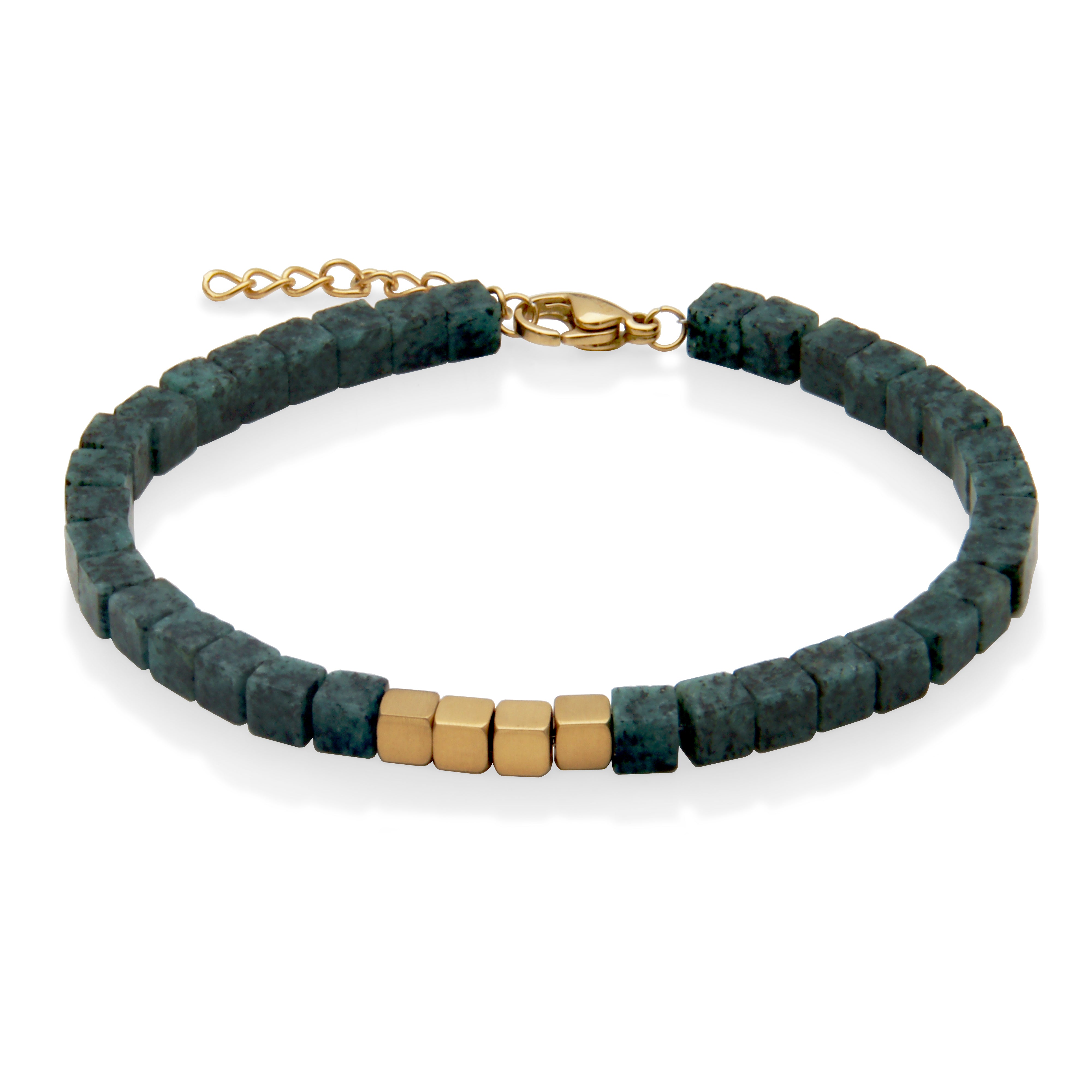 Steelx Ip Gd 5Mm Square Green Jasper Bead Bracelet8.5"