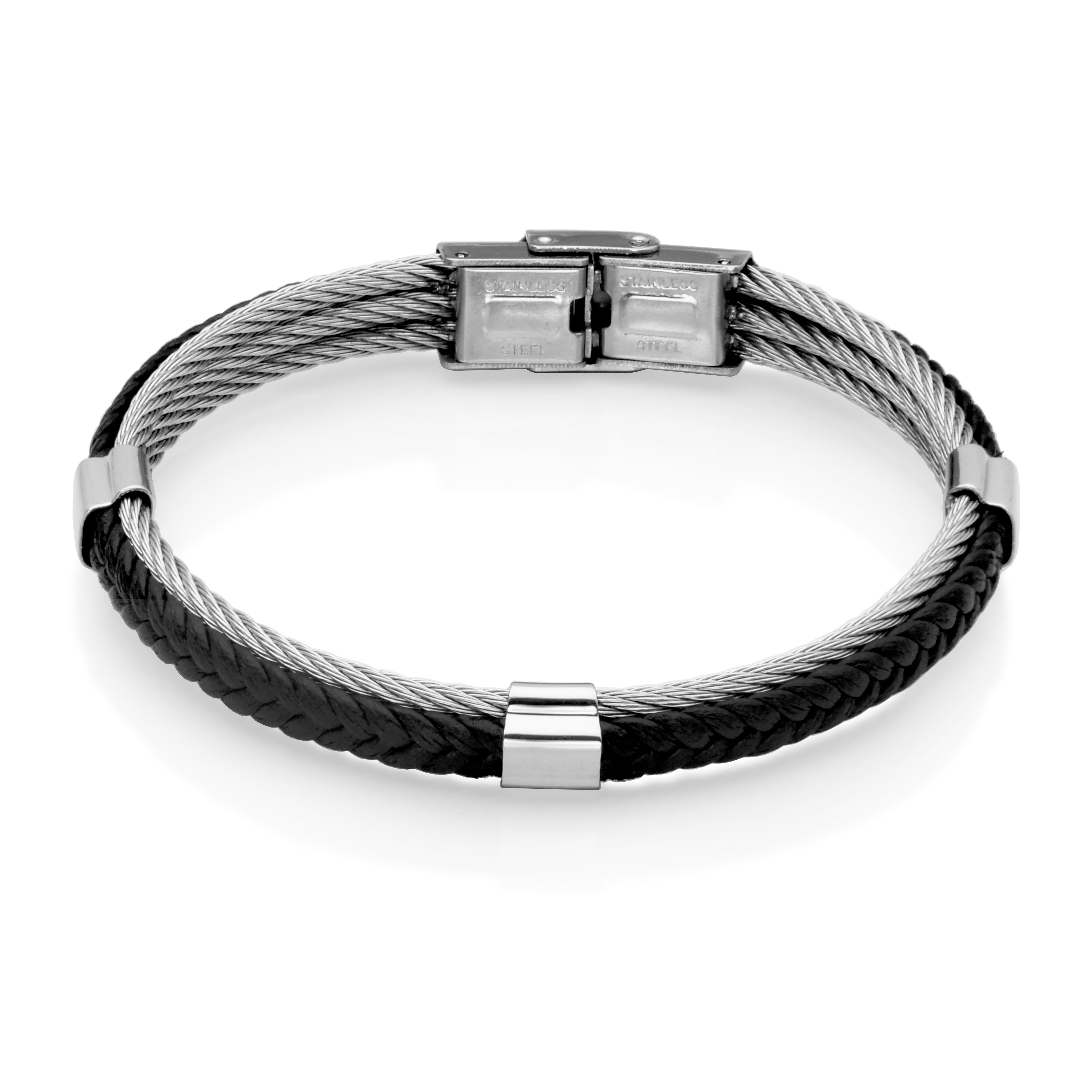 Steelx Black Leather &amp; Wire Bangle 8.75"
