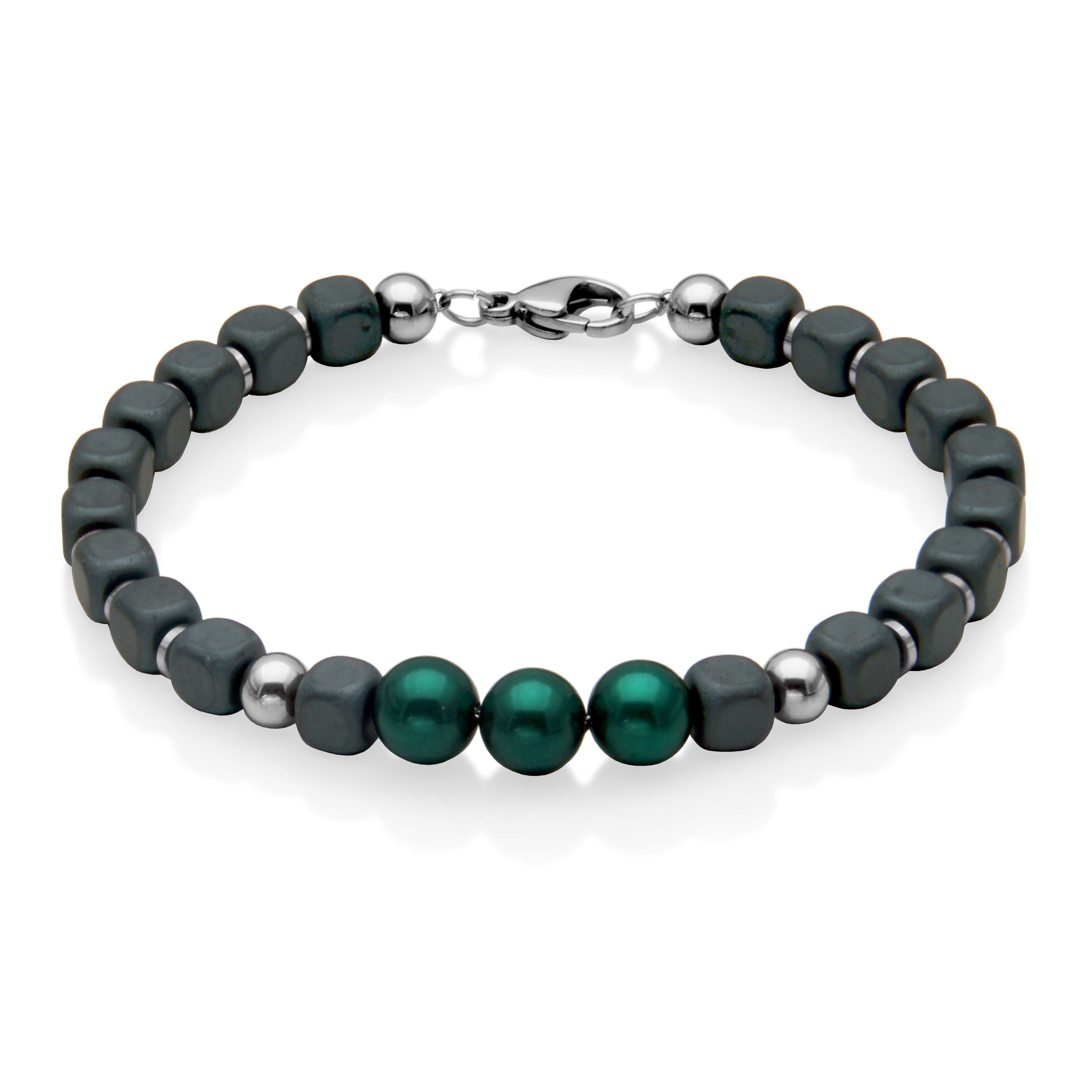 Steelx 8Mm Green Shell Pearl Grey Hematitie Brac 8.25"
