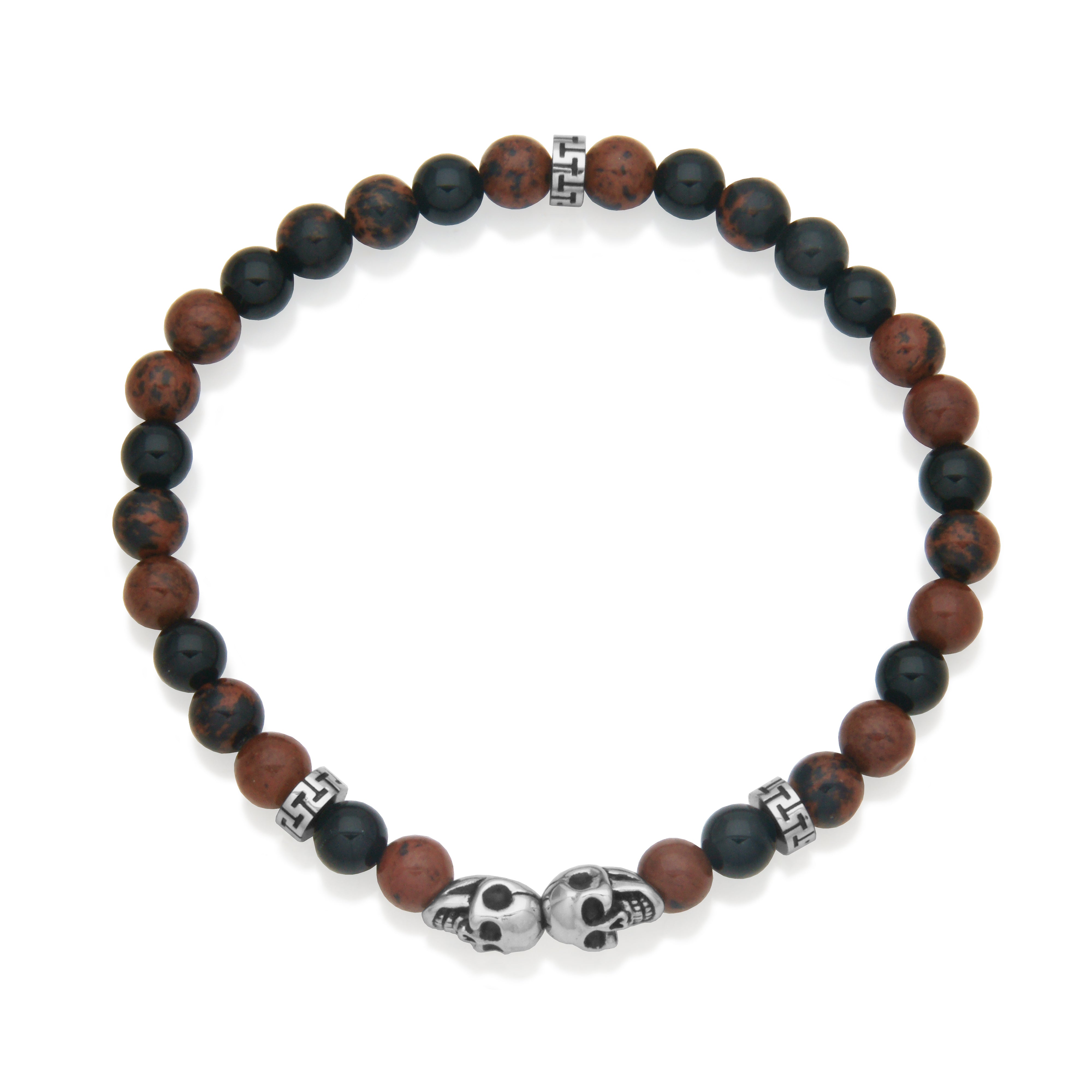 Steelx  Brown Obsidian+Black Agate 6.5Mm Skull Bracelet 7.5"