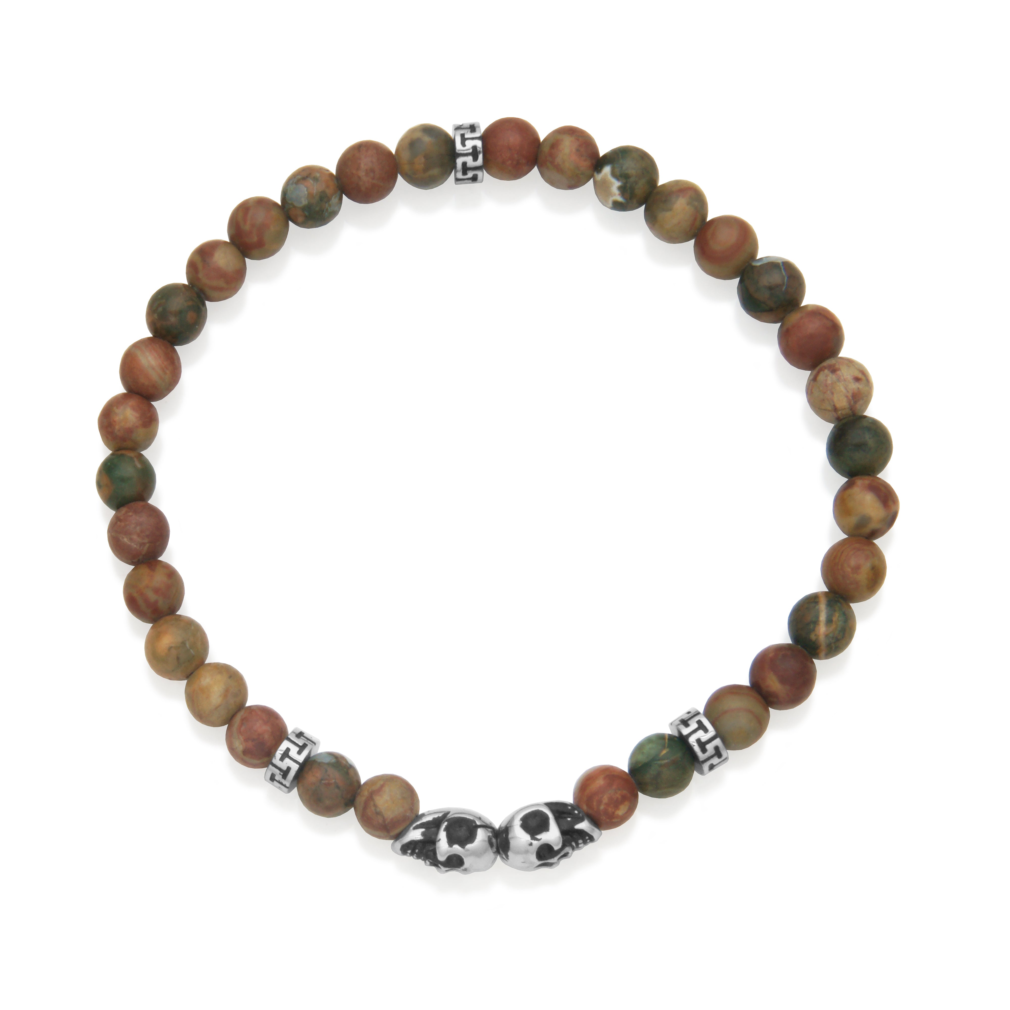 Steelx  Fossil Jasper+Camouflage Stone 6Mm Skull Bracelet 7.5"