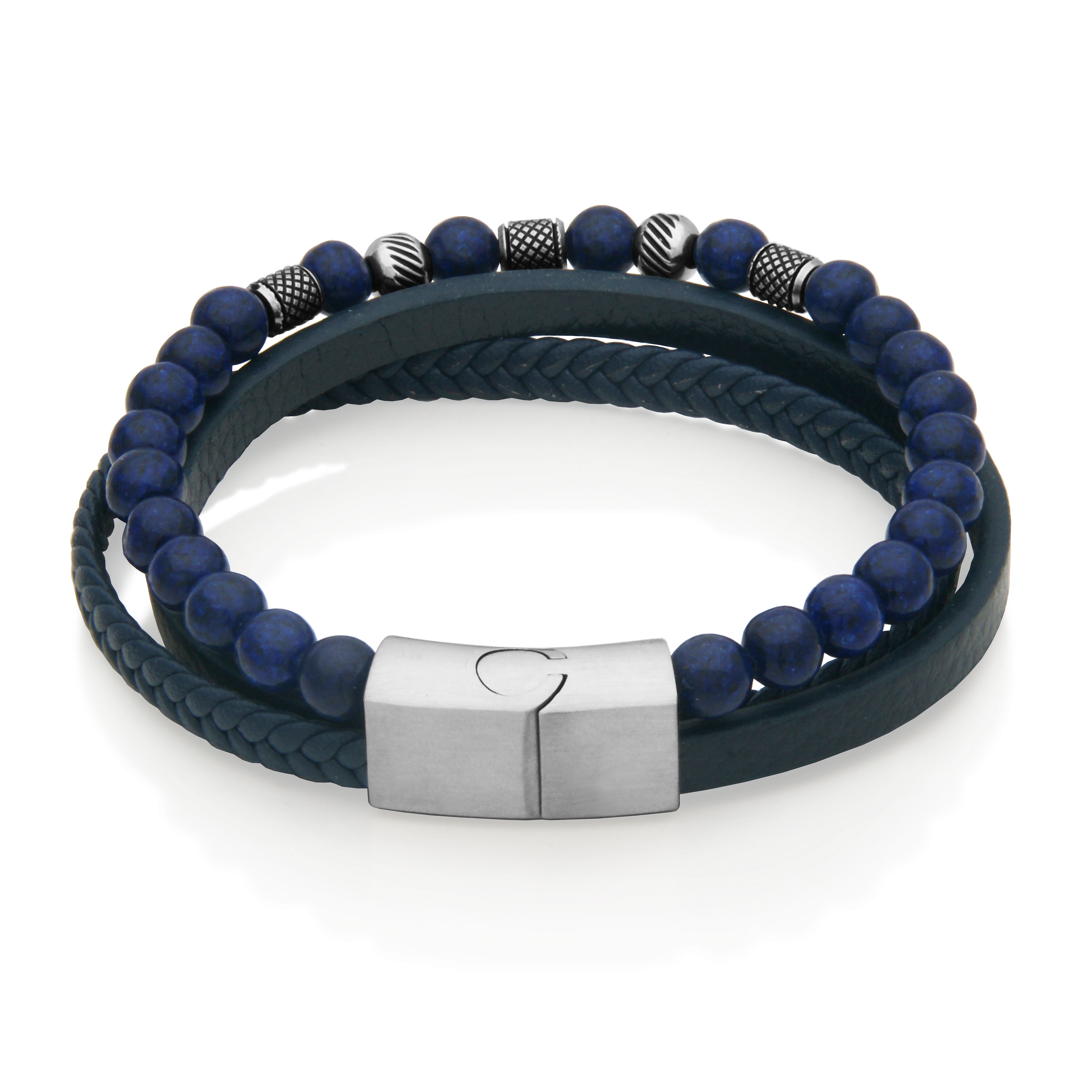 Steelx 6.5Mm Lapis  Beads Black Leather Bracelet 8.5