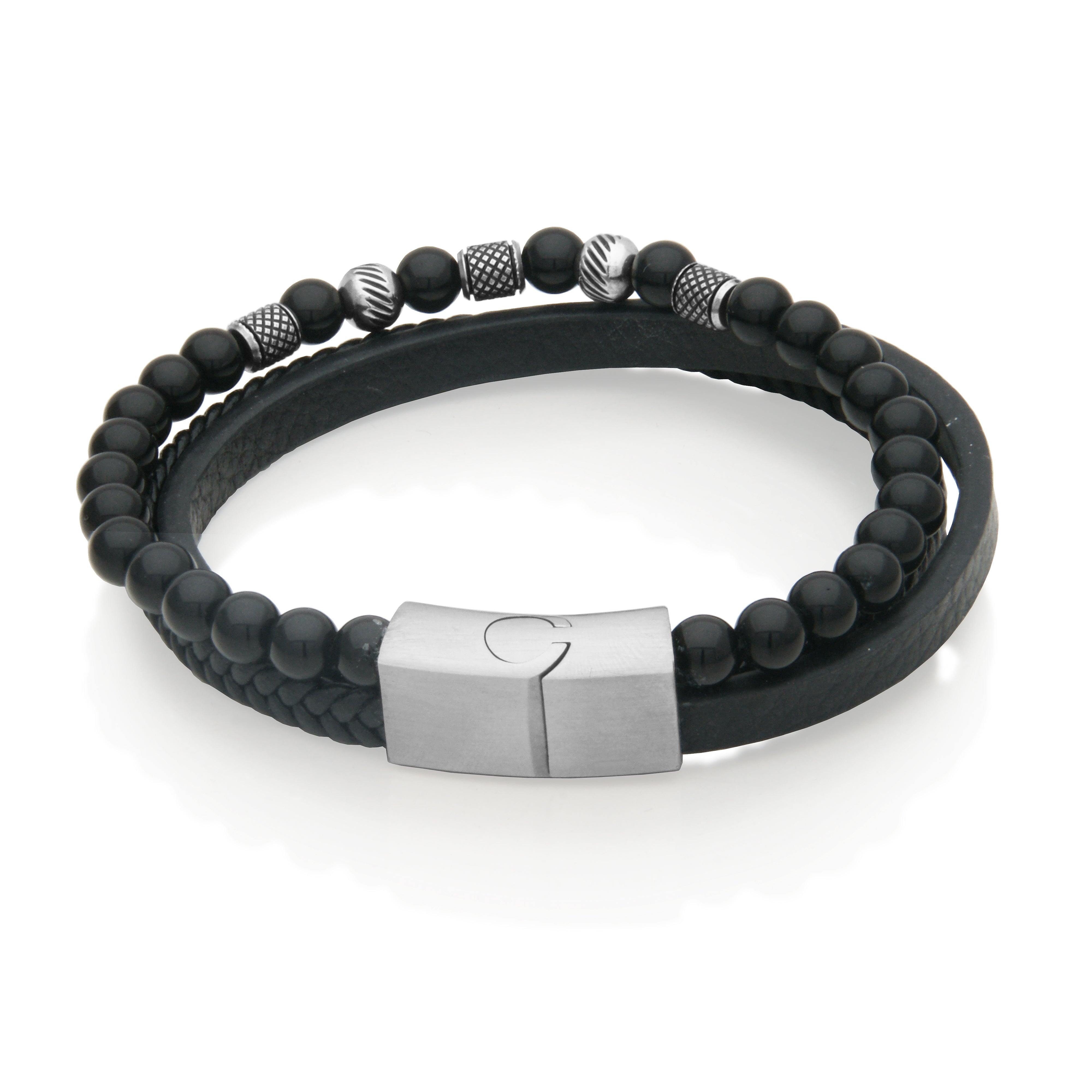 Steelx 6.5Mmblack Agate Beads Black Leather  Bracelet 8.5