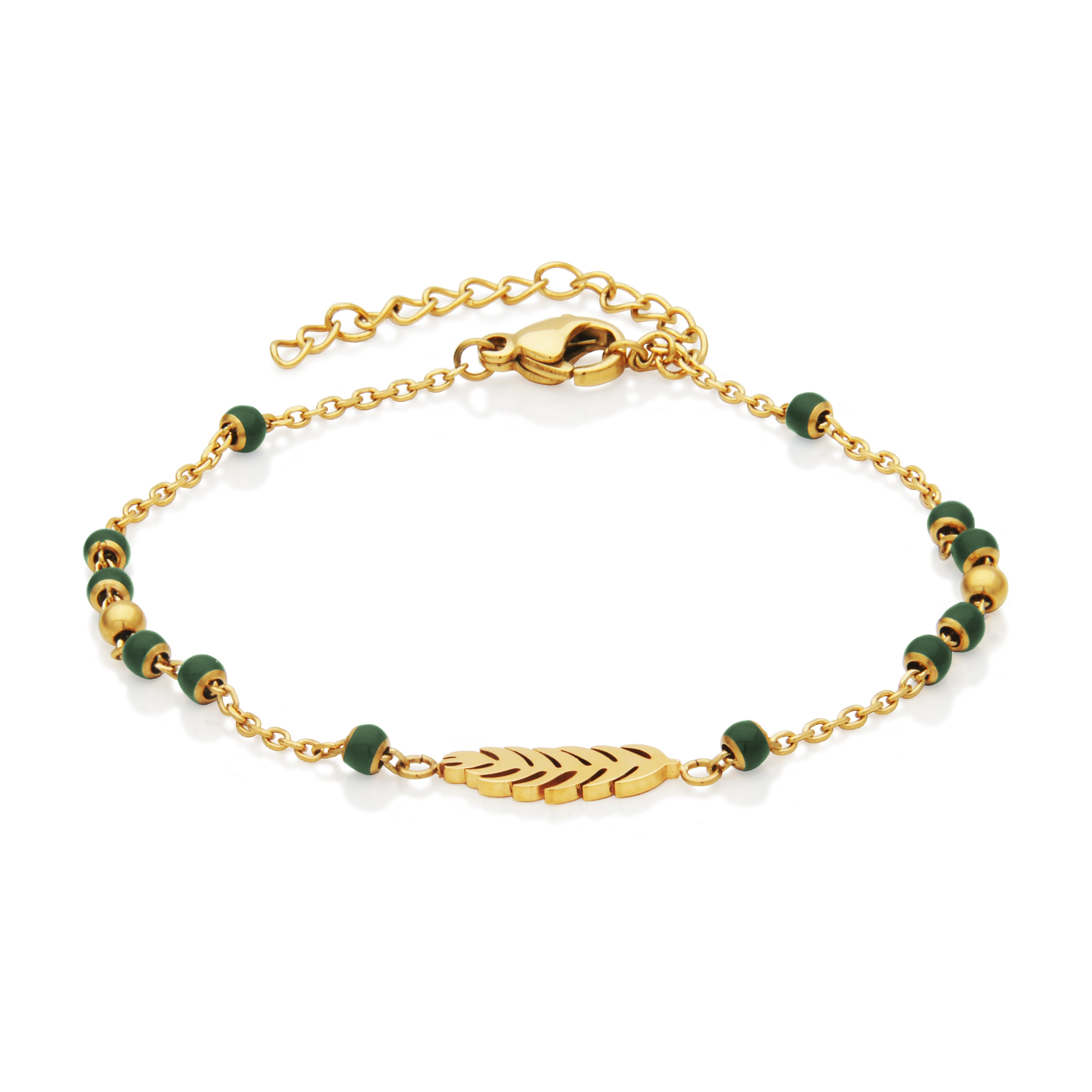 Steelx Ip Gd Green Enamel Beads Leafs  Bracelet 6.75+1"