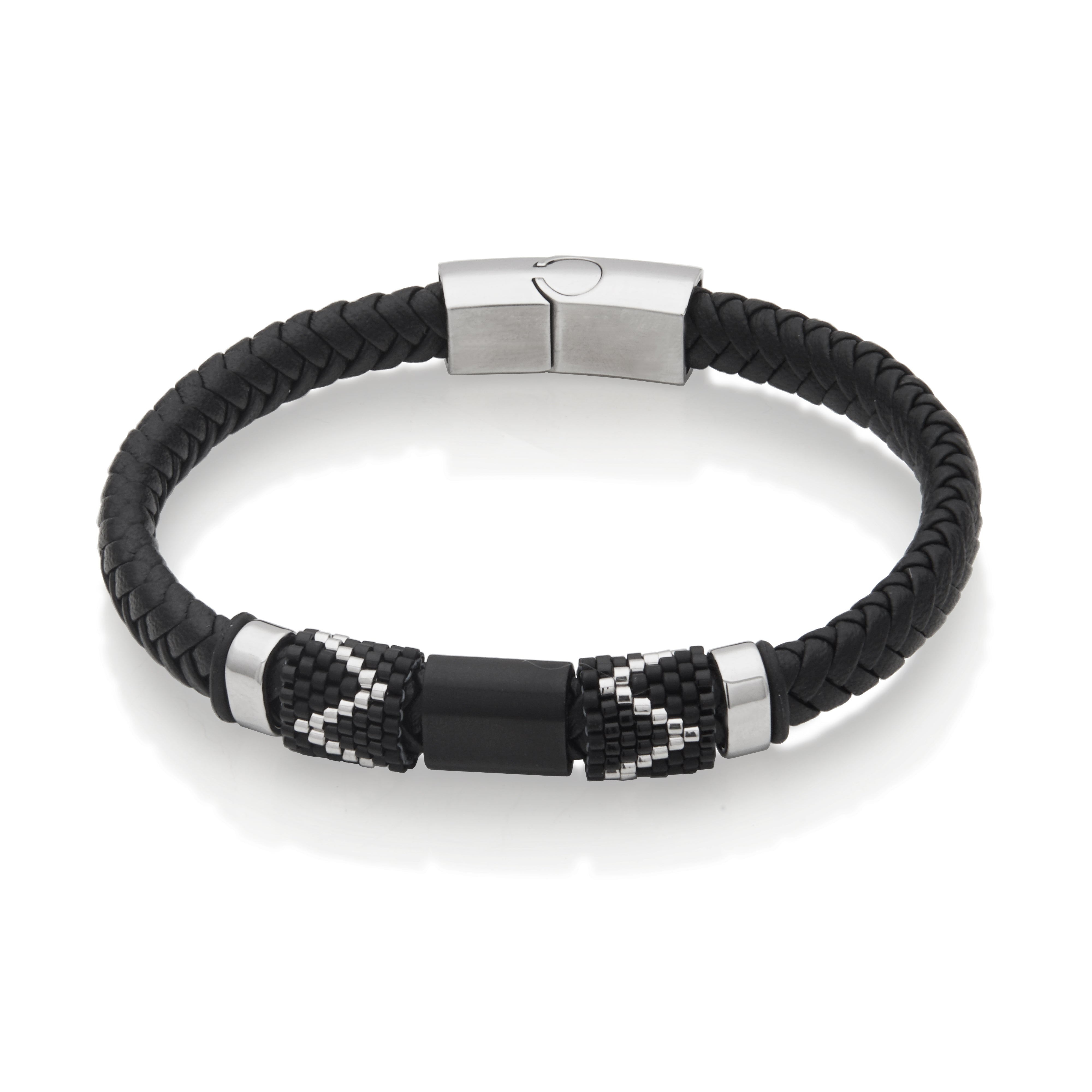 Steelx Braided Black Leather With Miyuki Beads Bracelet 8"