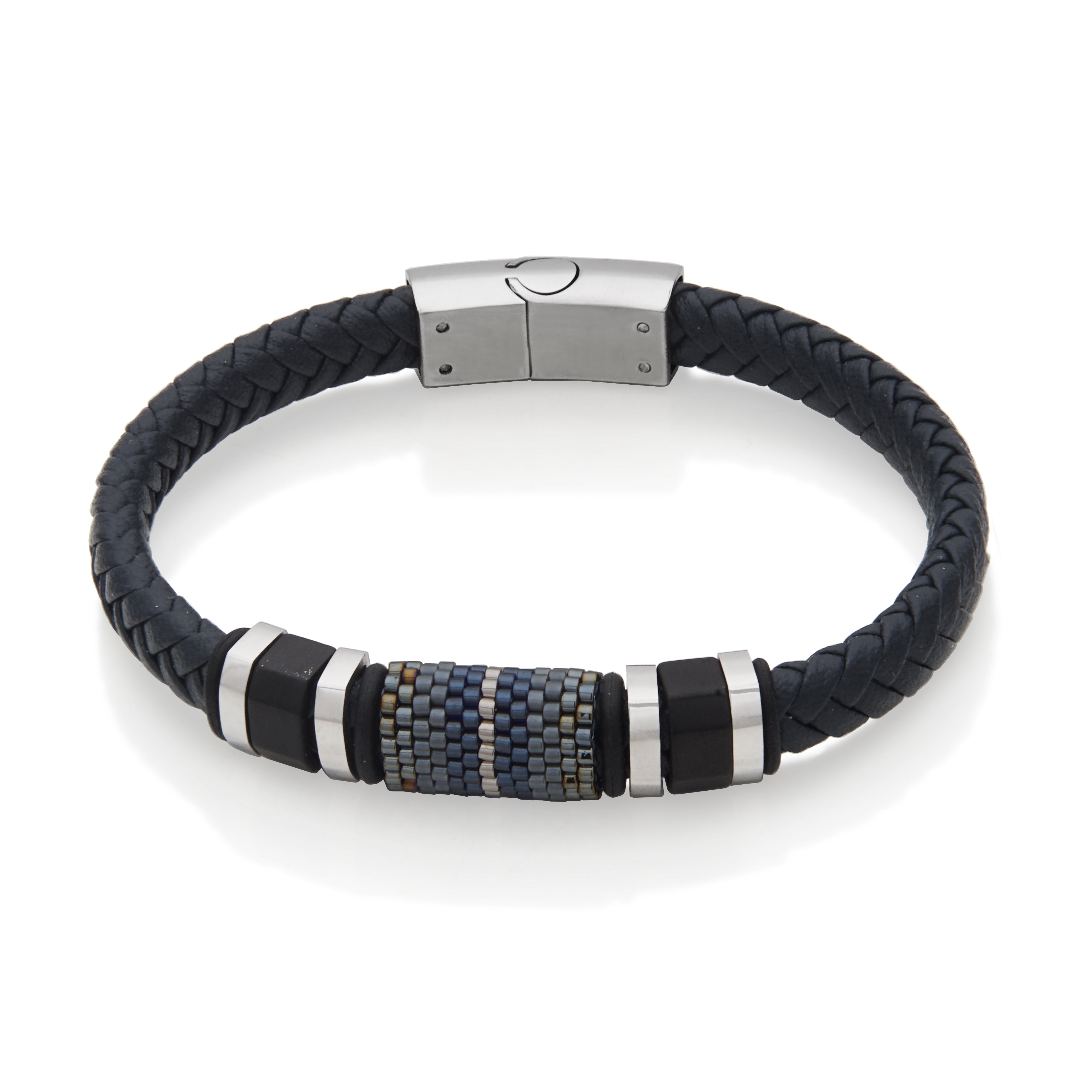 Steelx Braided Blue Leather With Miyuki Beads Bracelet 8"