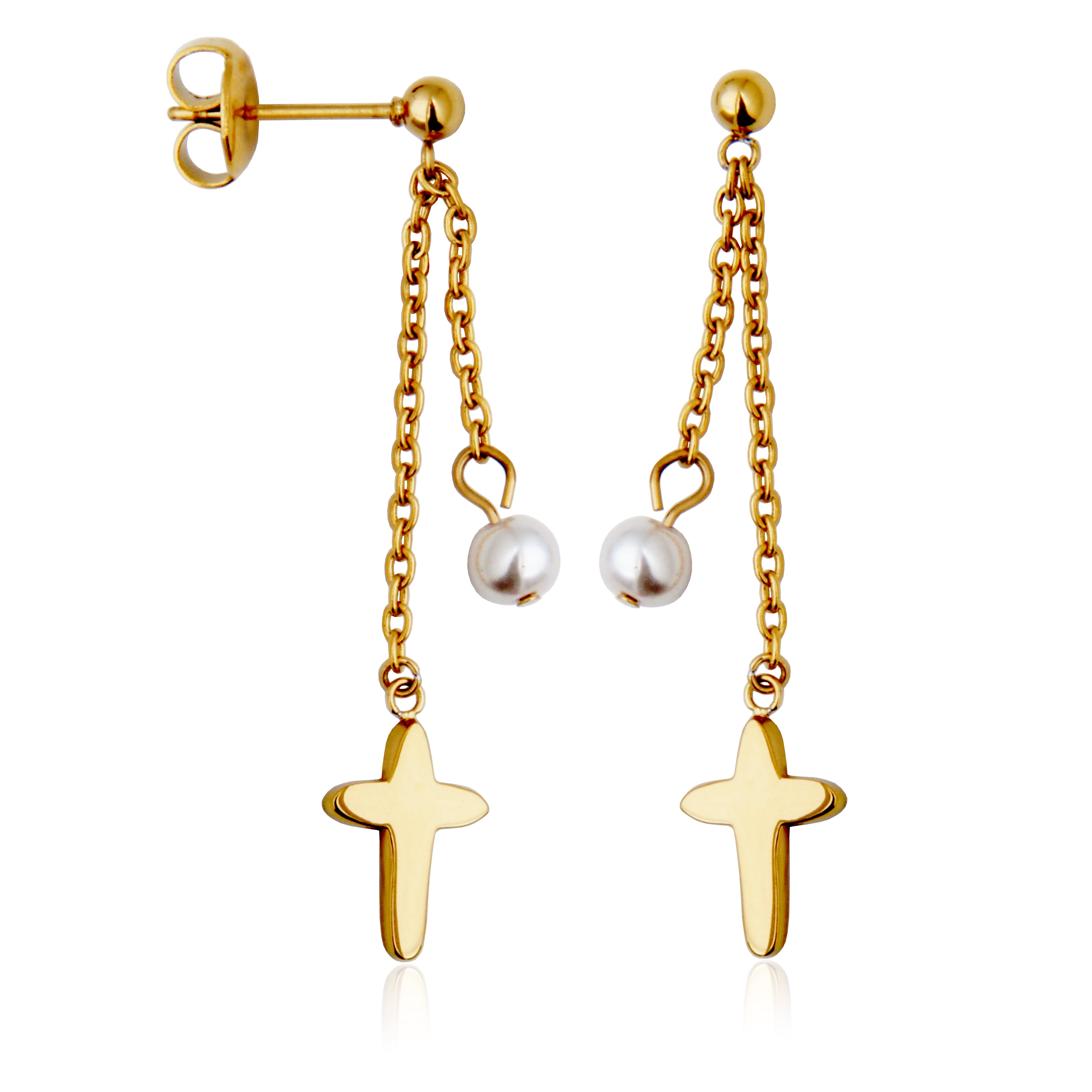 Steelx Ip Gd Earring Pearl &amp; Cross