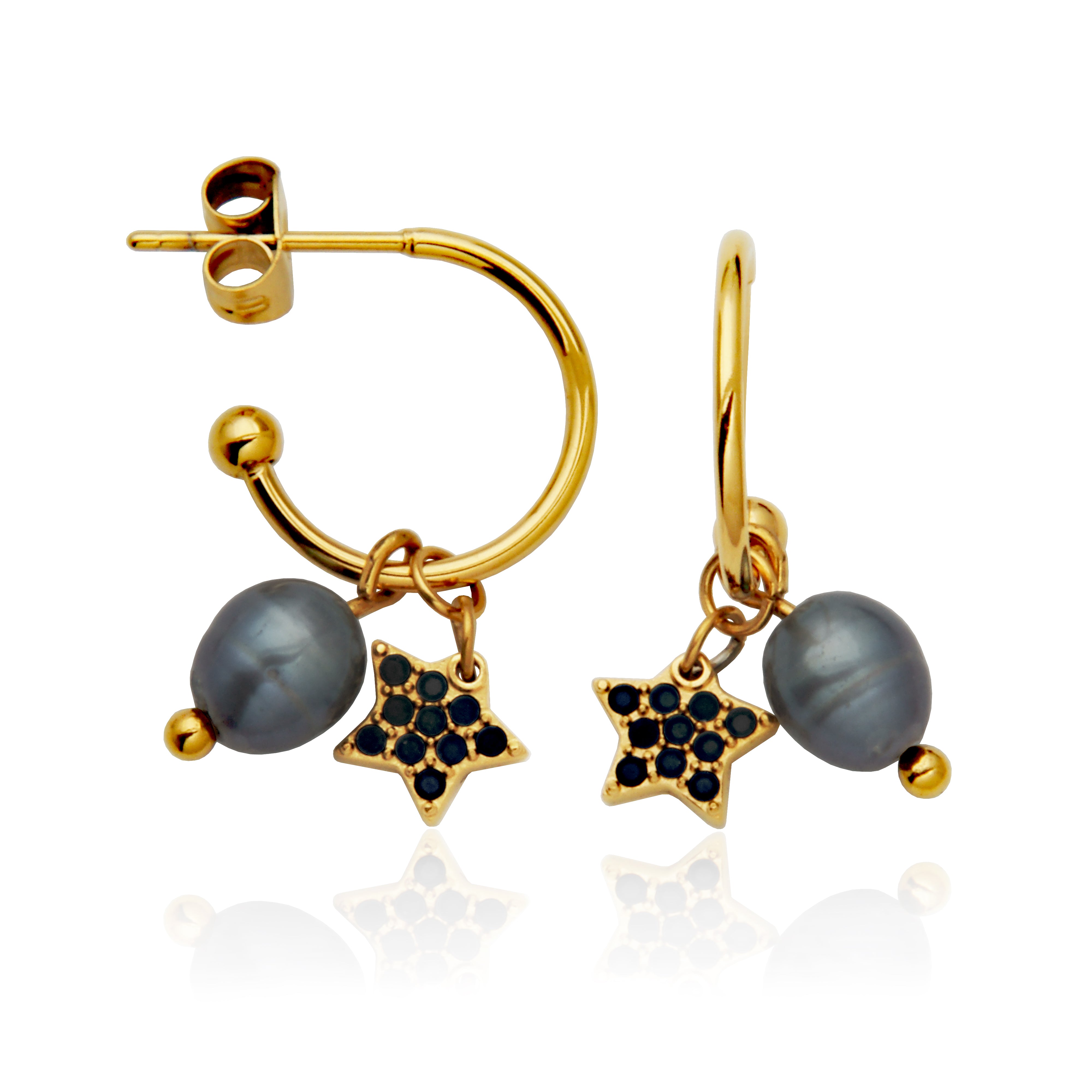 Steelx Ip Gd Earring Black Cz Star Grey Baroque Pearl 6*7Mm