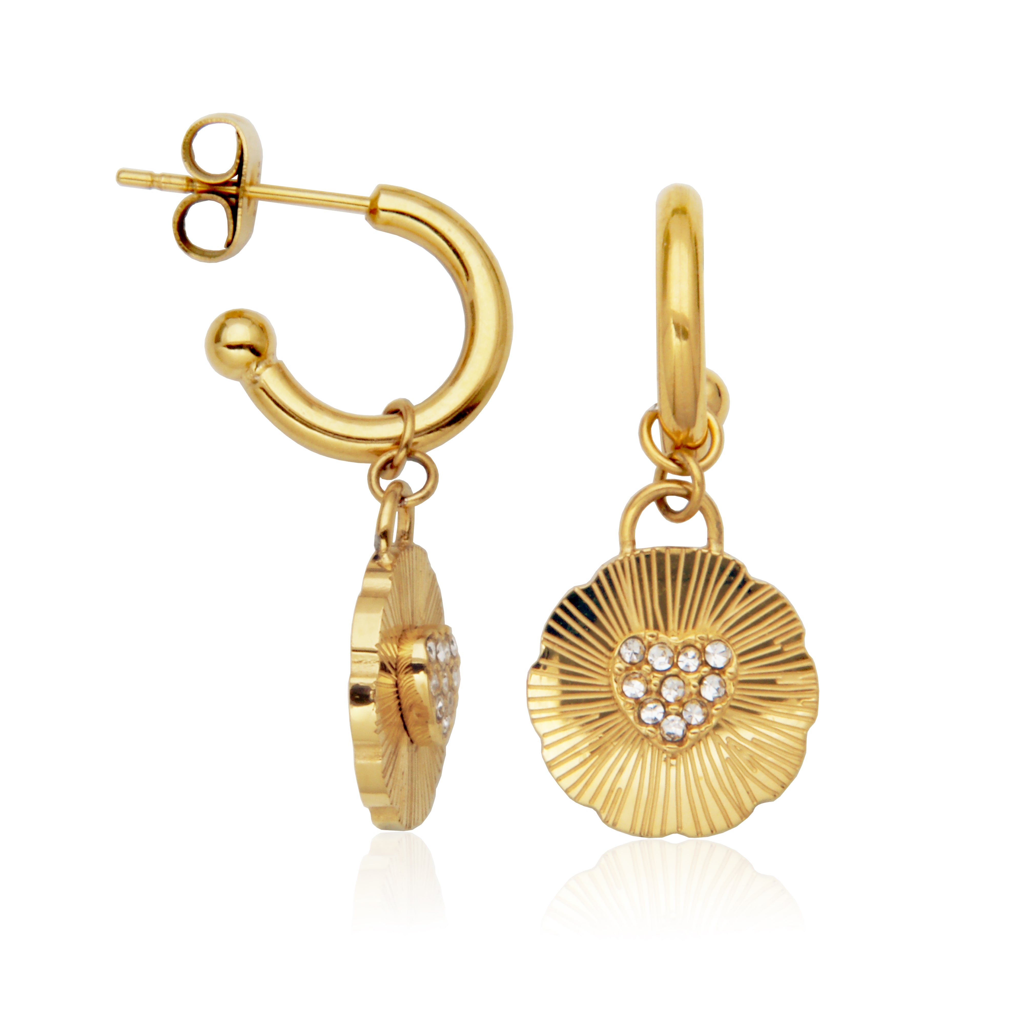 Steelx Ip Gd Crystal Heart Textured Disc Drop Earrings