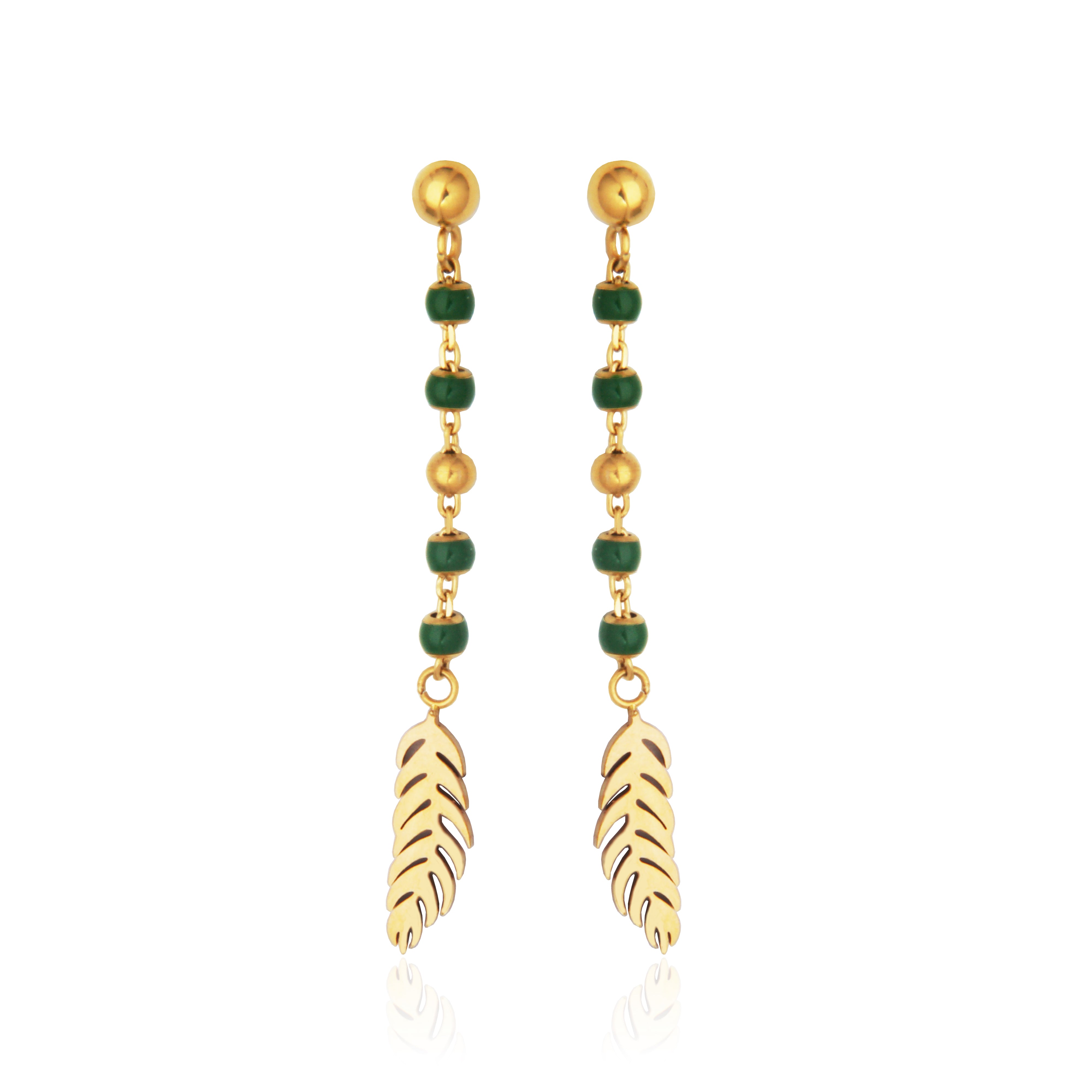 Steelx Ip Gd Green Enamel Beads Leafs Earring
