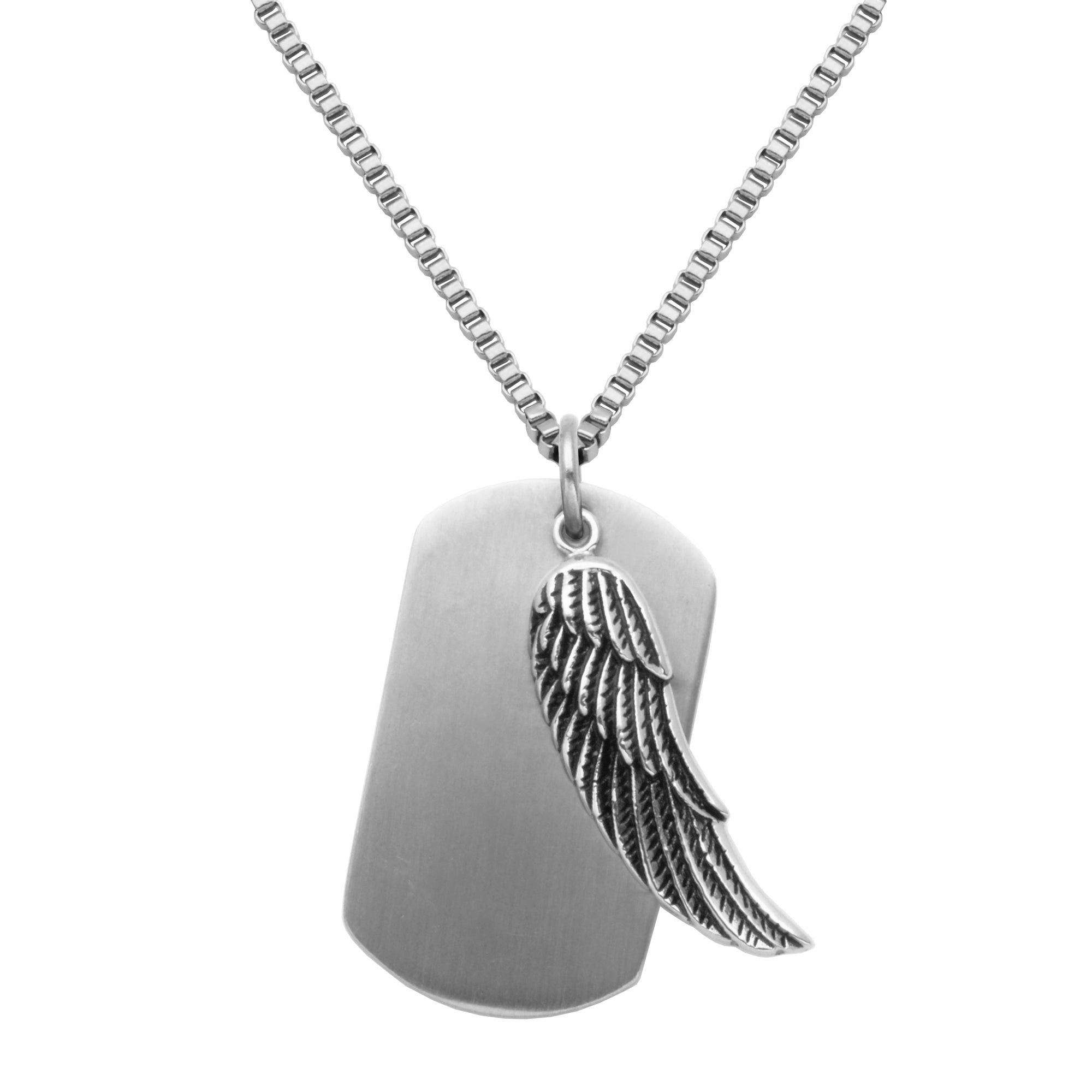 Steelx Dog Tag &amp; Feather Pend W/2mm Box Chain 24"