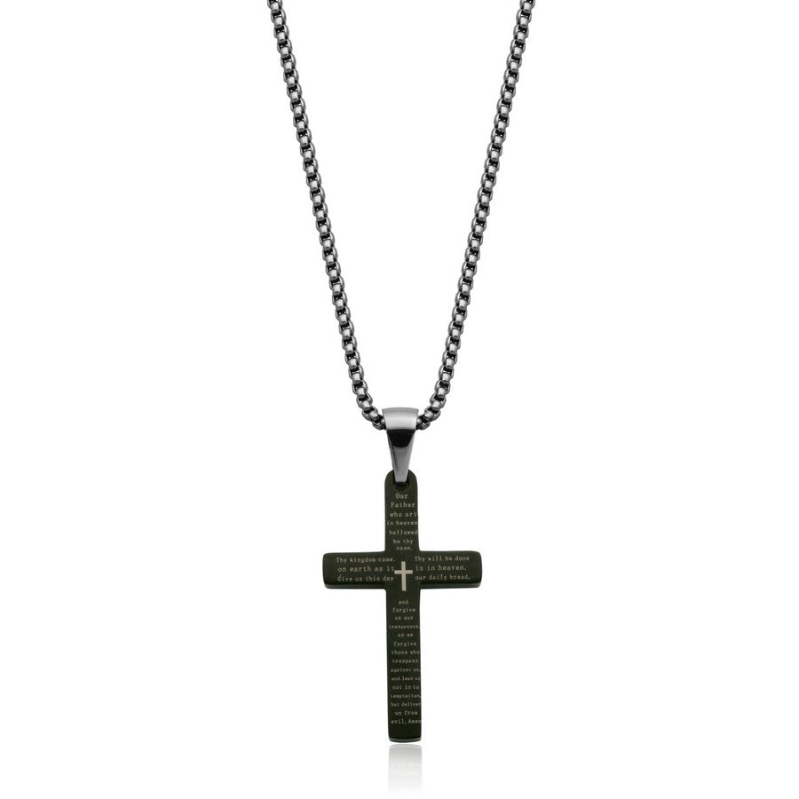 Steelx Cross Pend Ip Black With English &amp; French Prayer 22"