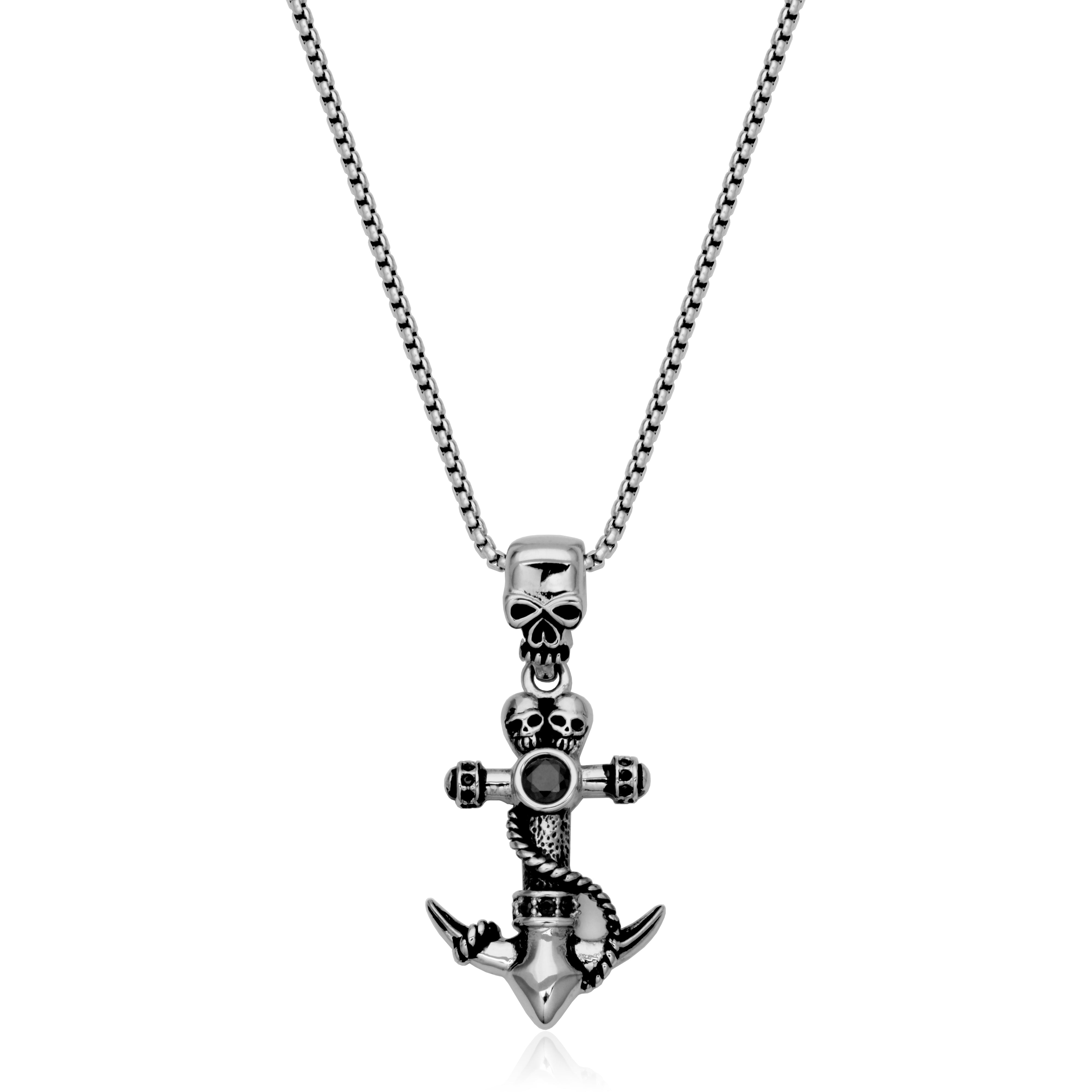 CJ STEELX Black CZ Skull Anchor Pendant - Silver