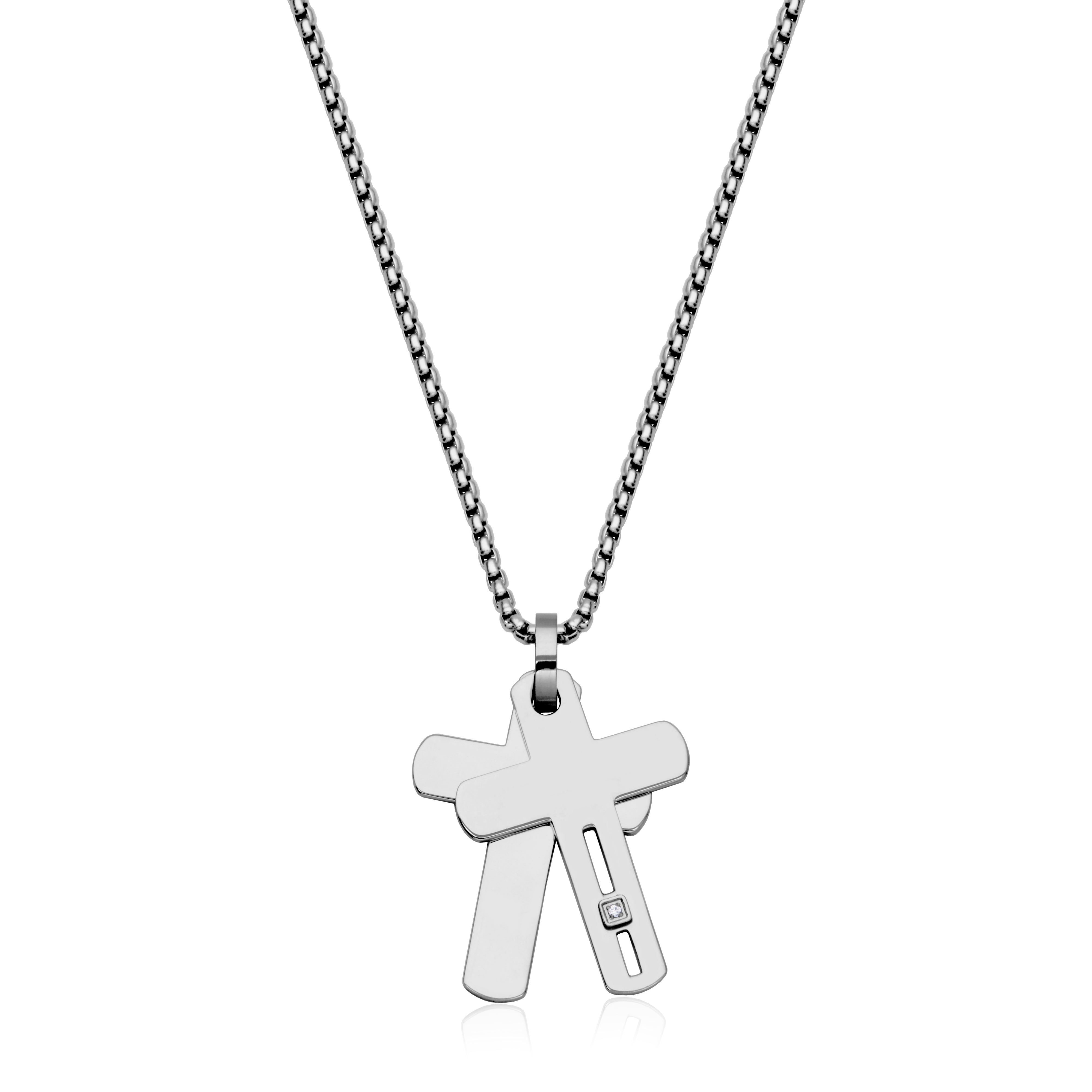CJ STEELX White Cubic Zirconia Double Cross Pendant - Silver