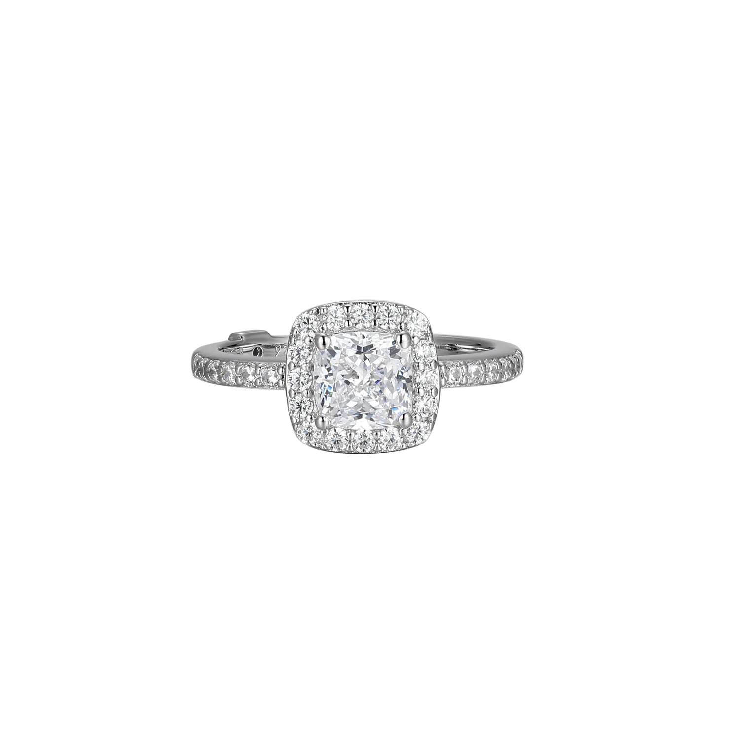 Sterling Silver " Radiance"  Rhodium  Plated  Cushion Cut Clear Cubic Zirconia Halo Ring - Size 6