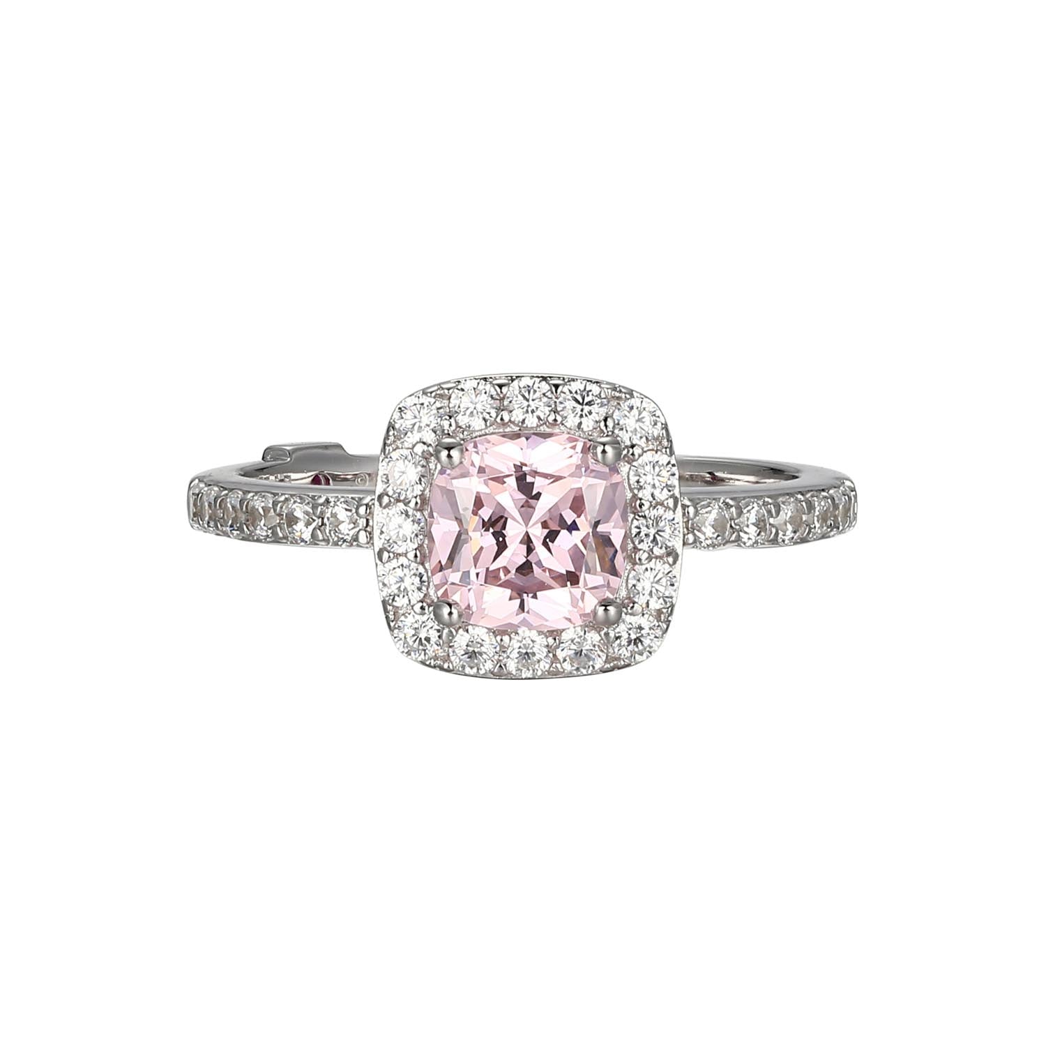 Sterling Silver " Radiance"  Rhodium  Plated  Cushion Cut Pink And  Clear Cubic Zirconia Halo Ring - Size 9