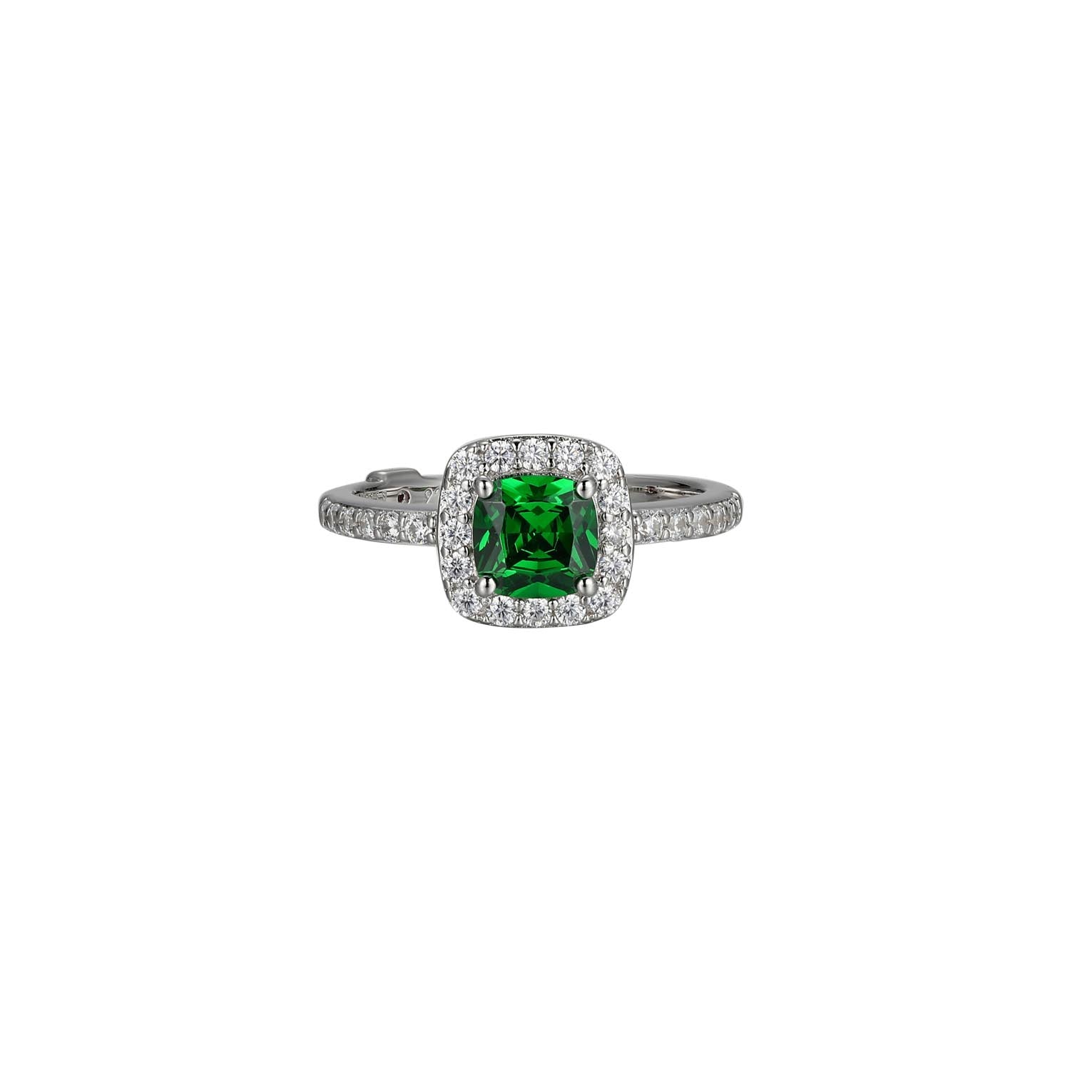 Sterling Silver " Radiance"  Rhodium  Plated  Cushion Cut Green  And Clear Cubic Zirconia Halo Ring - Size 7
