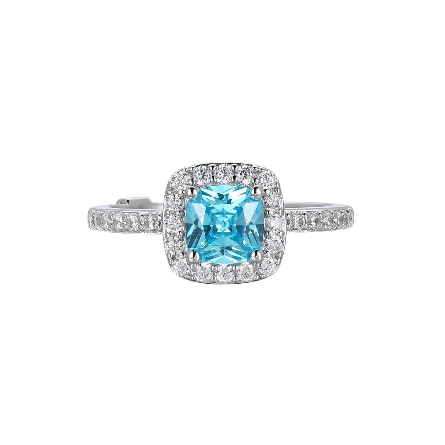 Sterling Silver " Radiance"  Rhodium  Plated  Cushion Cut Blue And  Clear Cubic Zirconia Halo Ring - Size 9