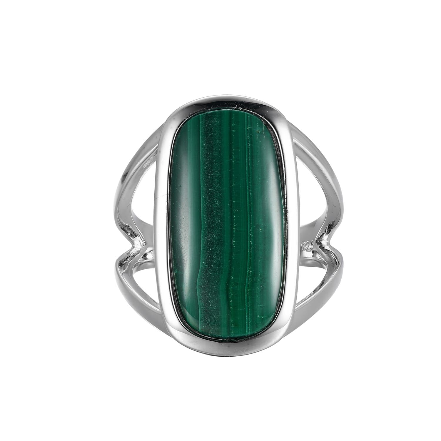 Sterling Silver "Allure" Rhodium Plated Elongated Genuine Malachite Cushion Cut Ring - Size 7