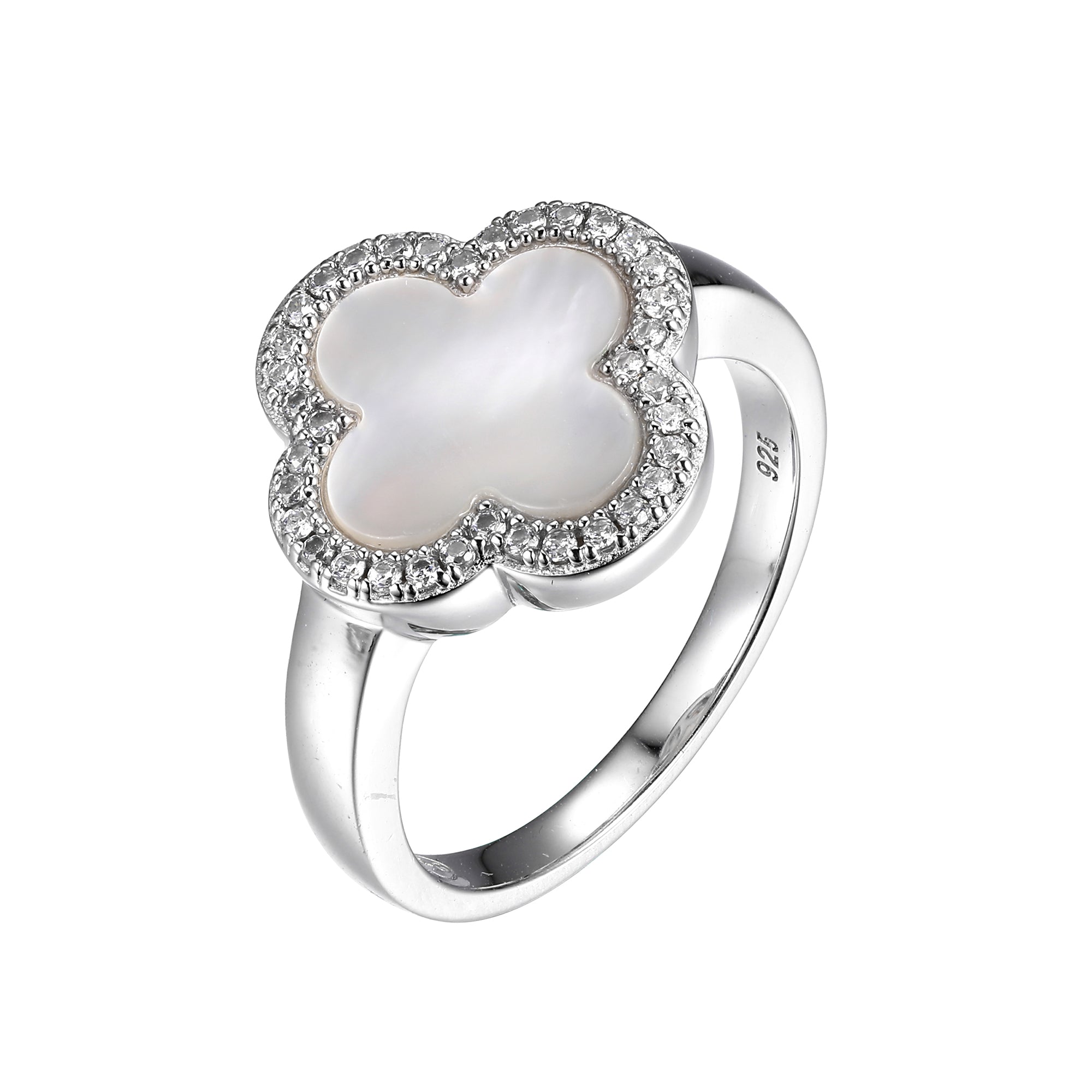 Sterling Silver Ring With White Mother Of Pearl (Clover Shape 11X11Mm) And Cz, Rhodium Finish - Size 8