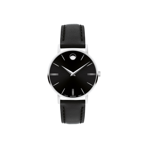 Ladies Corporate Exclusive Silver & Black Leather Strap Watch, Black Dial