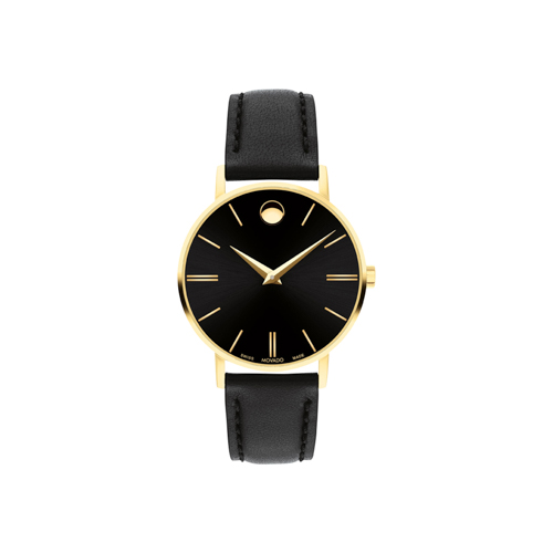 Ladies Corporate Exclusive Gold & Black Leather Strap Watch, Black Dial