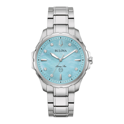 Ladies' Marine Star Diamond Silver-Tone Stainless Steel Watch, Blue MOP Dial