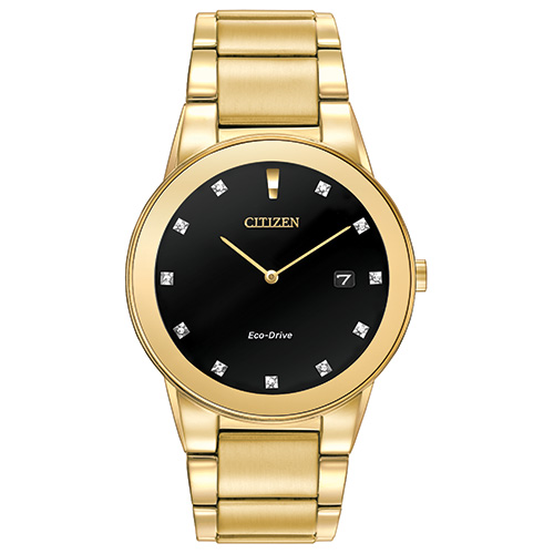 Mens Axiom Eco-Drive Gold-Tone Stainless Steel Watch Black Dial