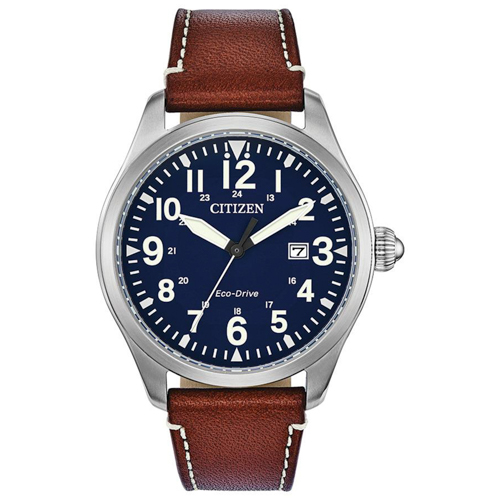 Men's Garrison Eco-Drive Camel Leather Strap Watch, Navy Dial