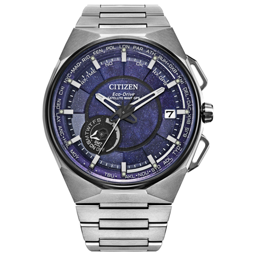 Men's Satellite Wave GPS Super Titanium Silver Watch, Blue Cosmos Dial