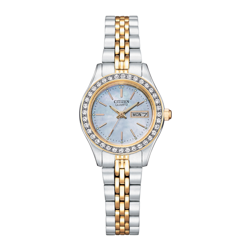 Ladies' Quartz Crystal Accent Two-Tone Stainless Steel Watch, MOP Dial