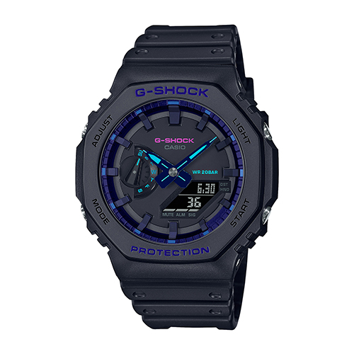 Mens G-Shock Virtual Black Resin Analog/Digital Watch, Blue Violet Dial