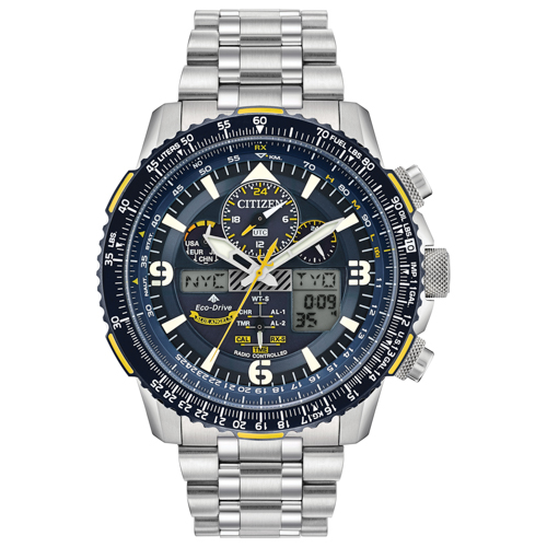 Men's Blue Angels Promaster Skyhawk A-T Eco-Drive Chrono Silver Watch, Blue Dial