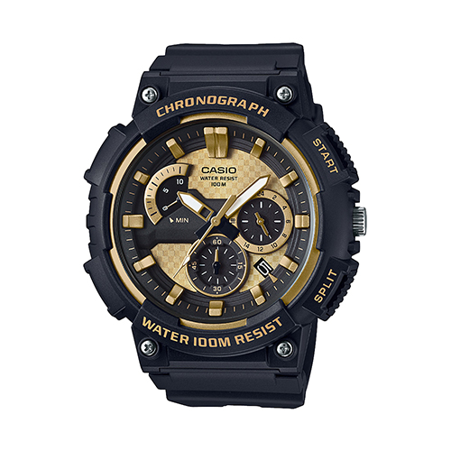 Mens Classic Chronograph Analog Resin Watch Black & Gold Dial