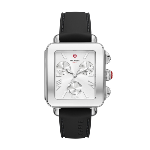 Ladies Deco Sport Chronograph Black Silicone Strap Watch, Silver Dial