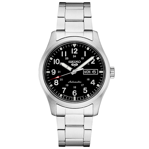 Mens Seiko 5 Sport Automatic Black & Silver Stainless Steel Watch, Black Dial