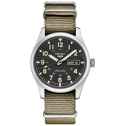 Mens Seiko 5 Sport Automatic Beige Nylon Strap Watch, Black Dial