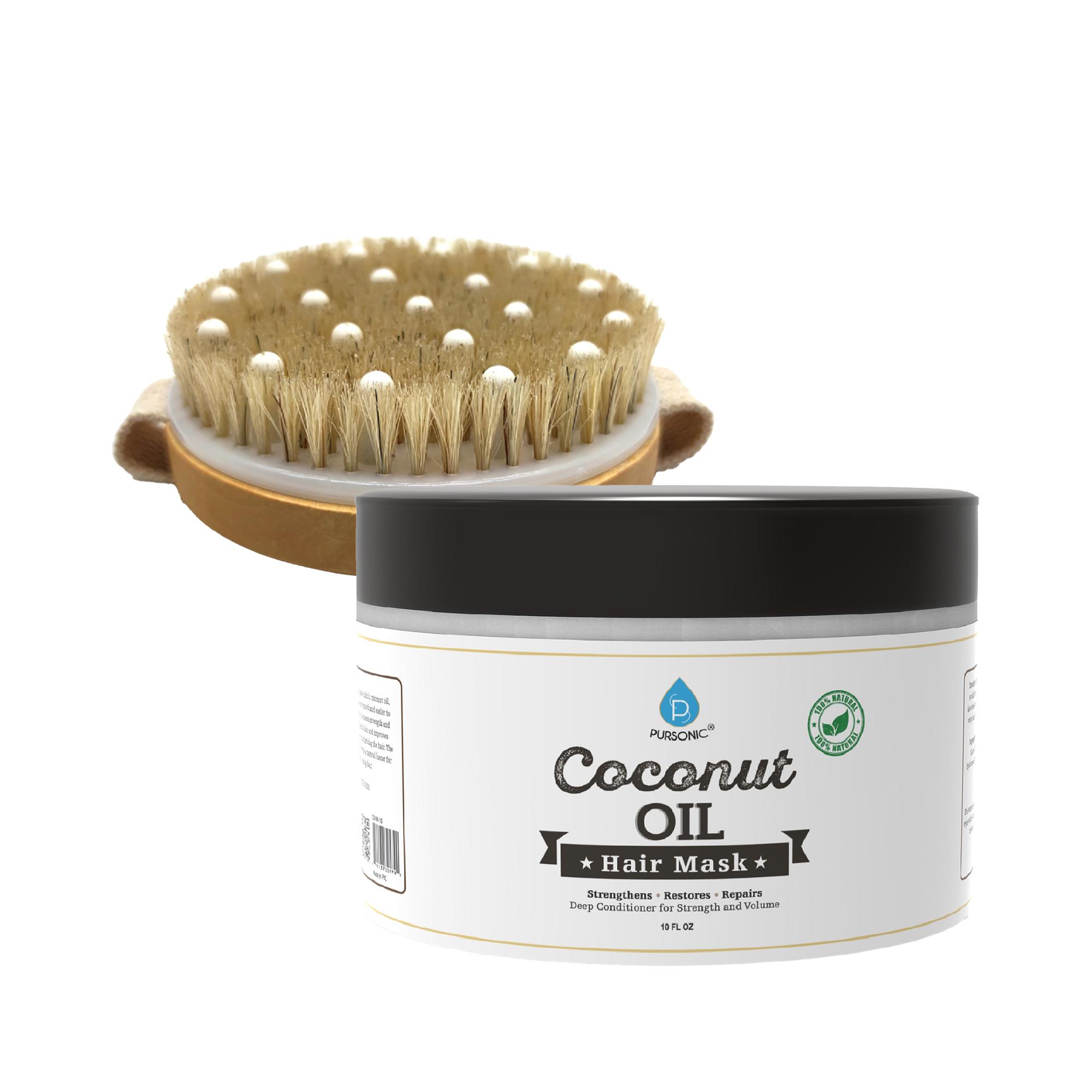 Hair Care and Massage Bundle: Bath Brush, Rubber Massager + 100% Natural Coconut Oil Hair Mask 10 Oz