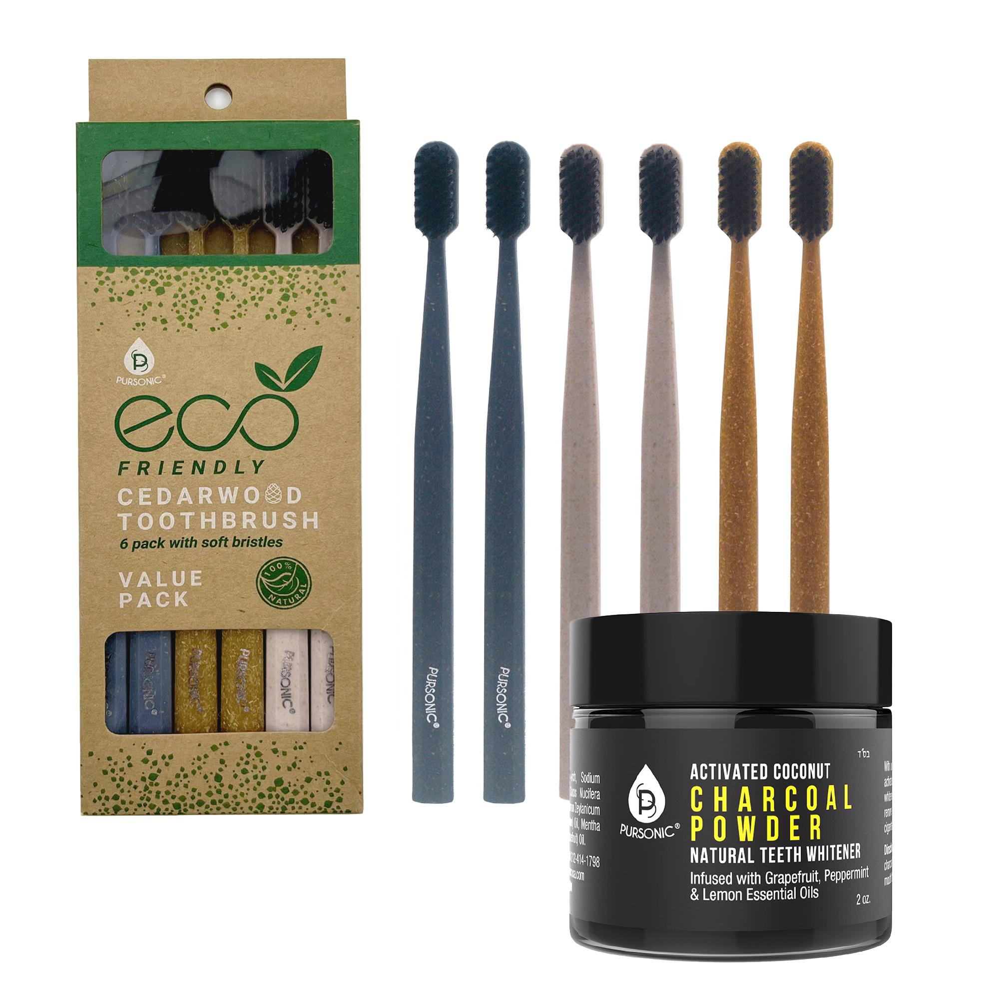 Natural Radiance Combo: Activated Coconut Charcoal Powder + 100% Eco-friendly Toothbrushes (6 Pack)