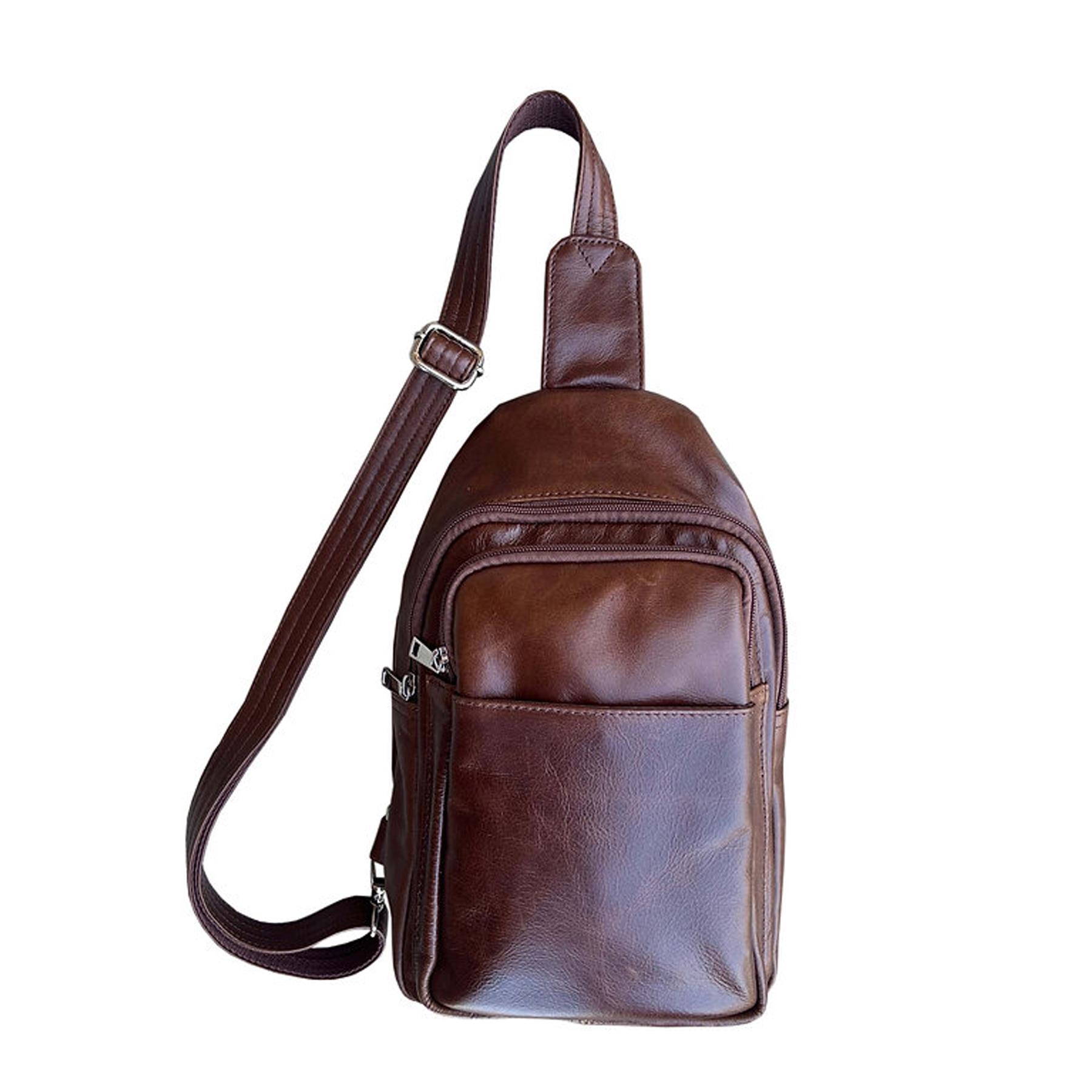Wax Oil Cowhide Leather Sling/Crossbody Bag Brown
