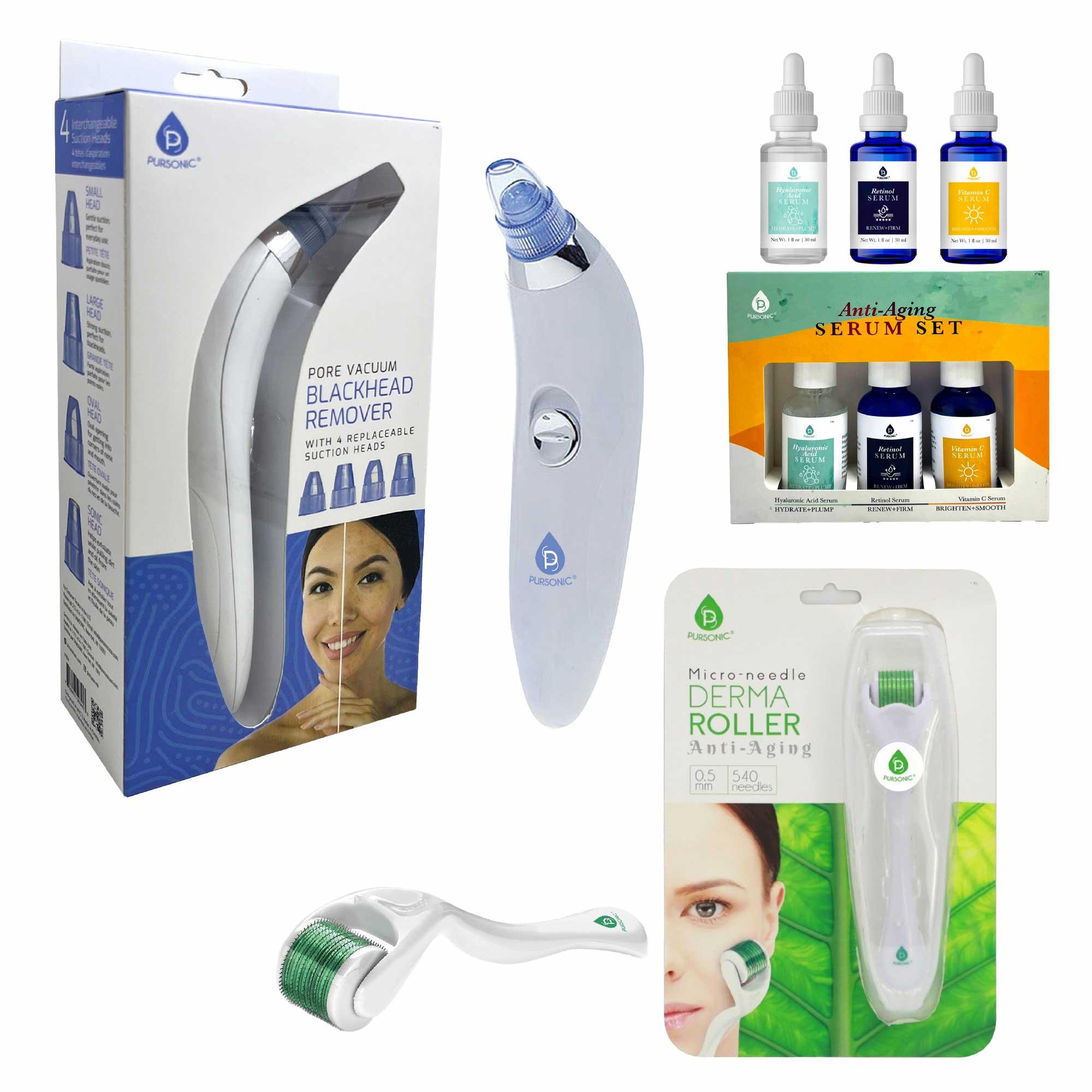 Ultimate Rejuvenation Bundle: Derma Roller, Pore Vacuum Blackhead Remover & 3-Pack Anti-Aging Serum