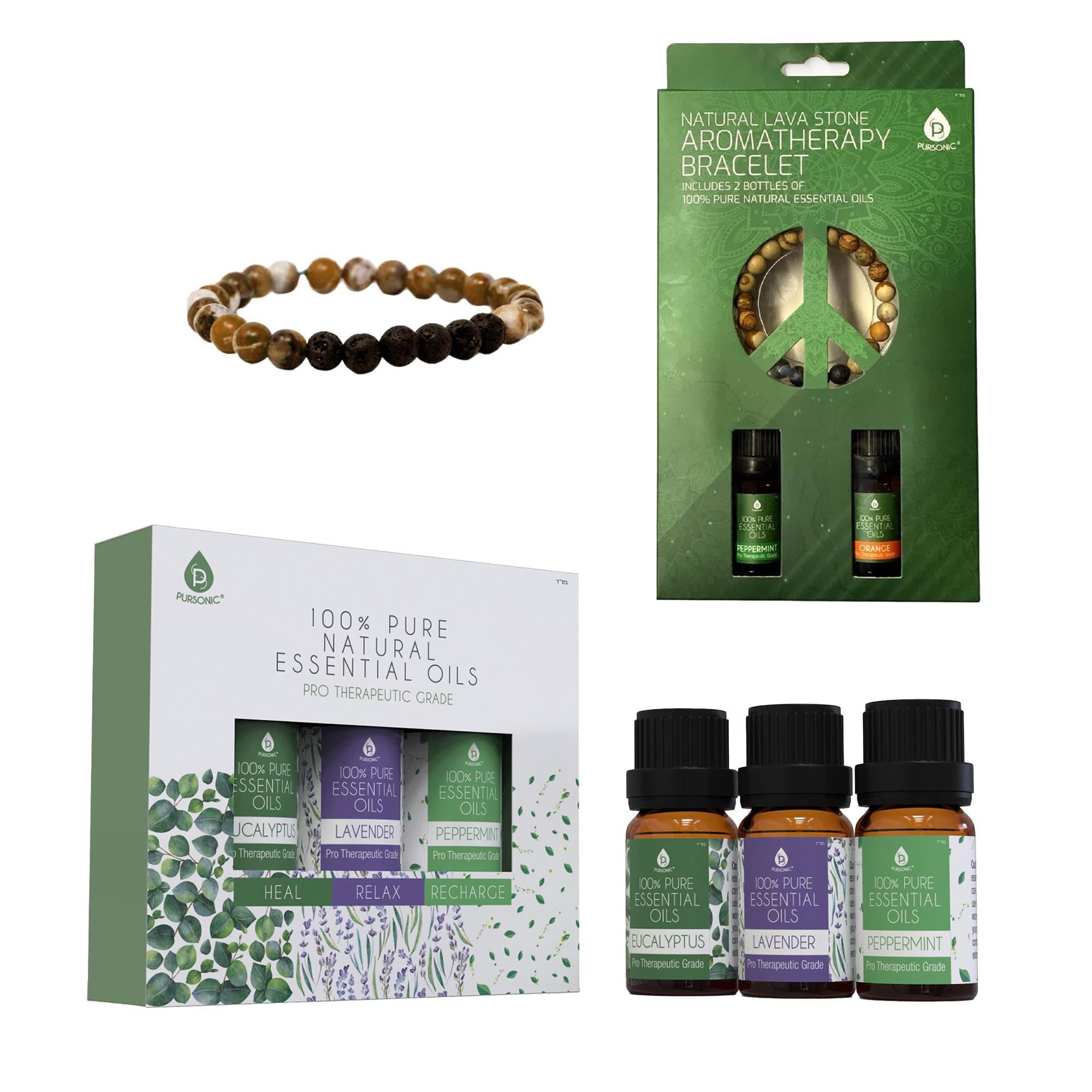 Aromatherapy Bliss Set: Lava Stone Bracelet with 100% Pure Essential Oils