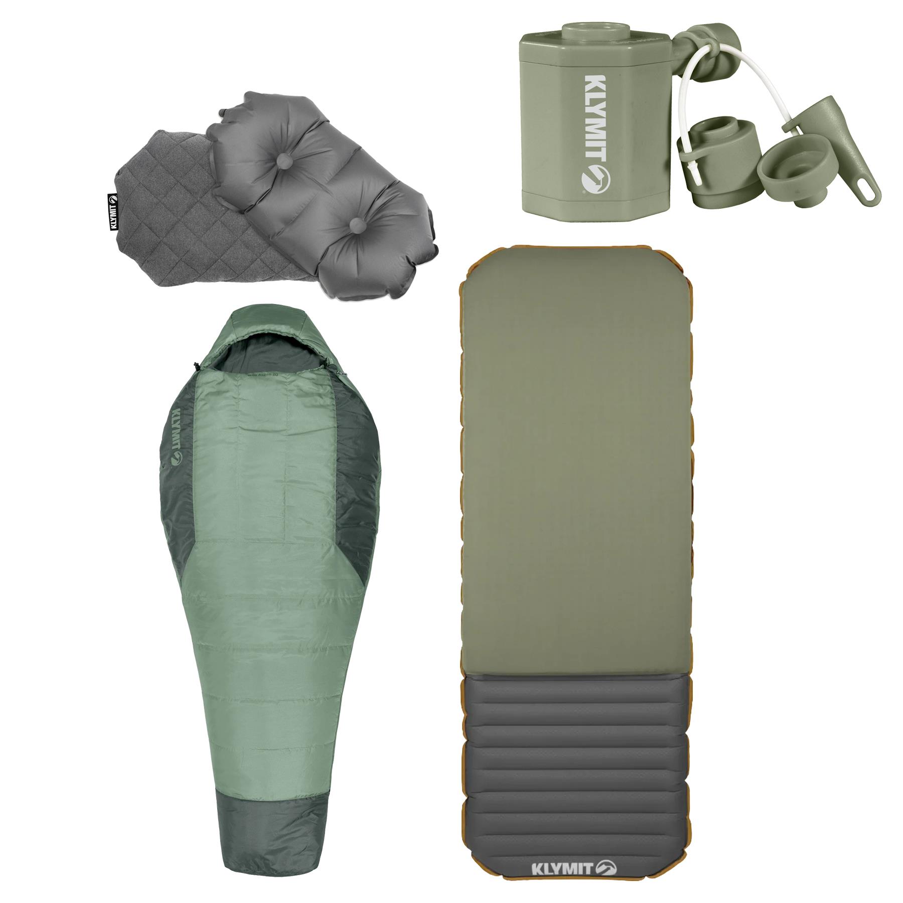 Sleeping Bag, Pad, Pillow and Pump Package