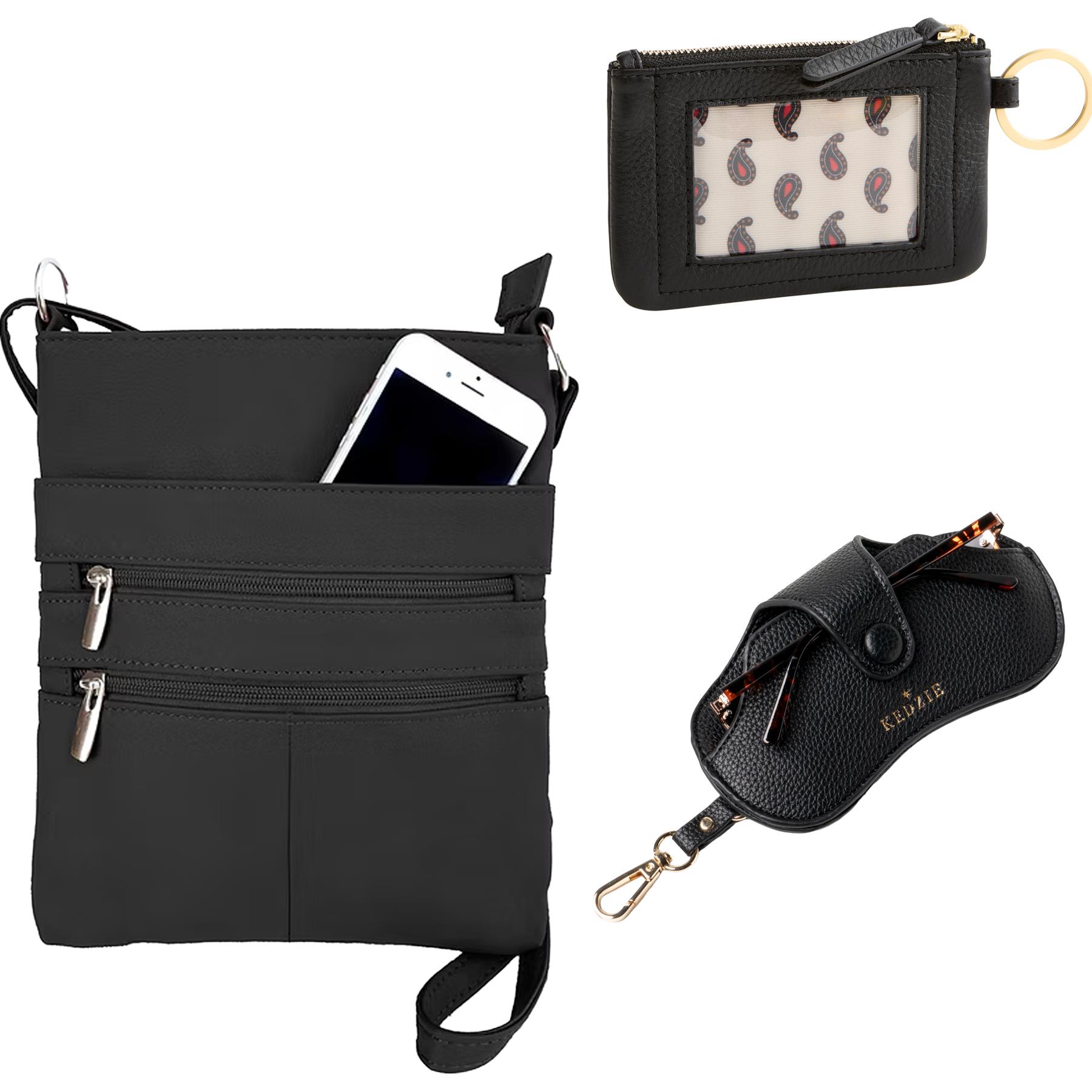 Leather Everyday Crossbody, Zip ID and Eyeglass Case Package