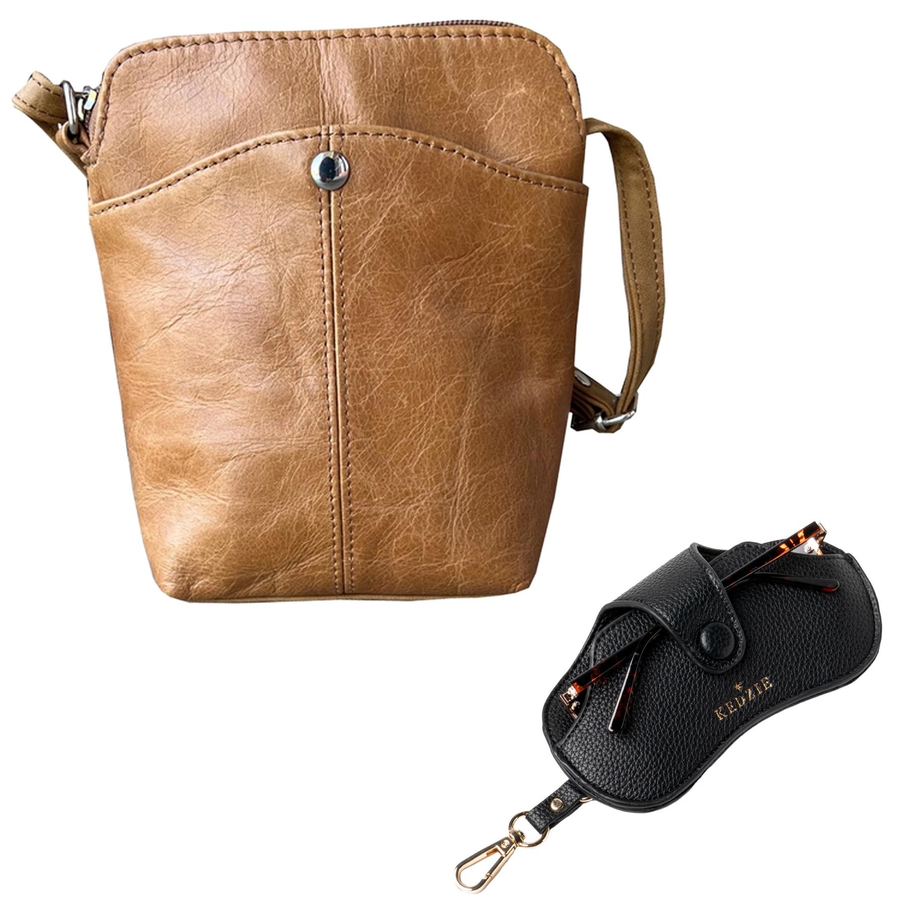 Mini Crossbody Shoulder Bag (Light Brown) with Eyeglass Case
