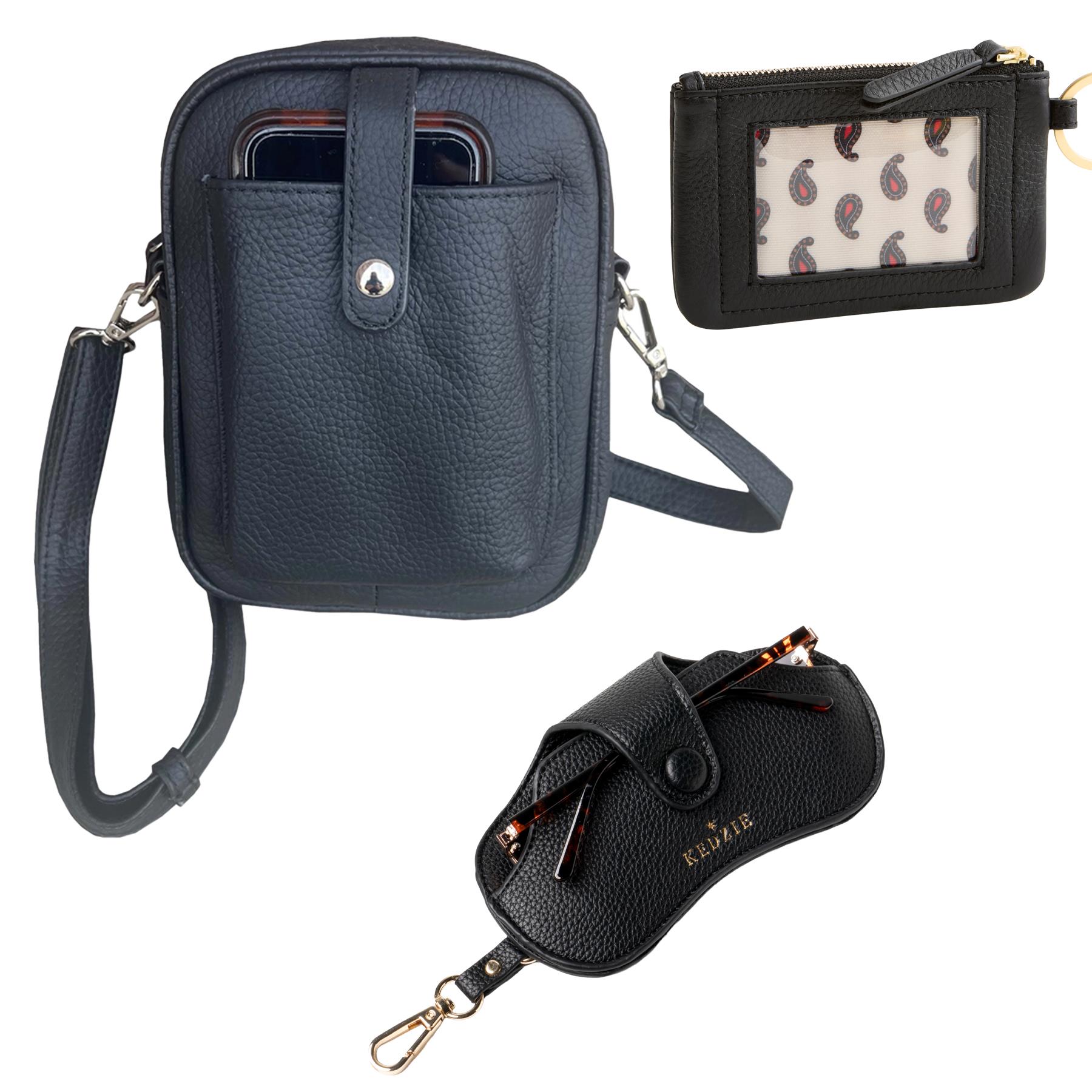 Crossbody Shoulder Bag with Phone Pocket (Black) with Zip ID and Eyeglass Case